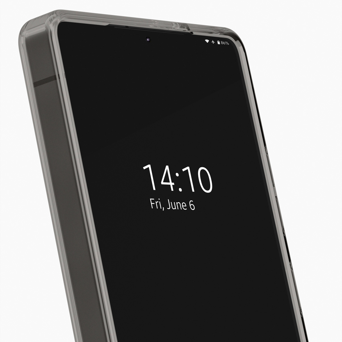 Ein Smartphone in einer durchsichtigen Hülle zeigt „14:10 Fr, 6. Juni“ auf einem schwarzen Bildschirm an, mit 86% Akku sichtbar.