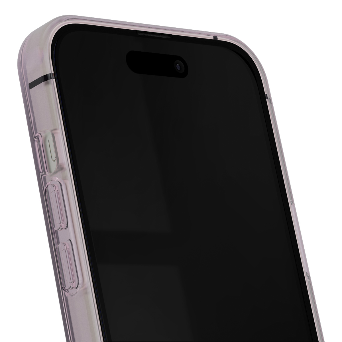 Nahaufnahme eines Smartphones in einer durchsichtigen Hülle. Der Bildschirm des Telefons ist schwarz, Tasten sind an der Seite sichtbar.