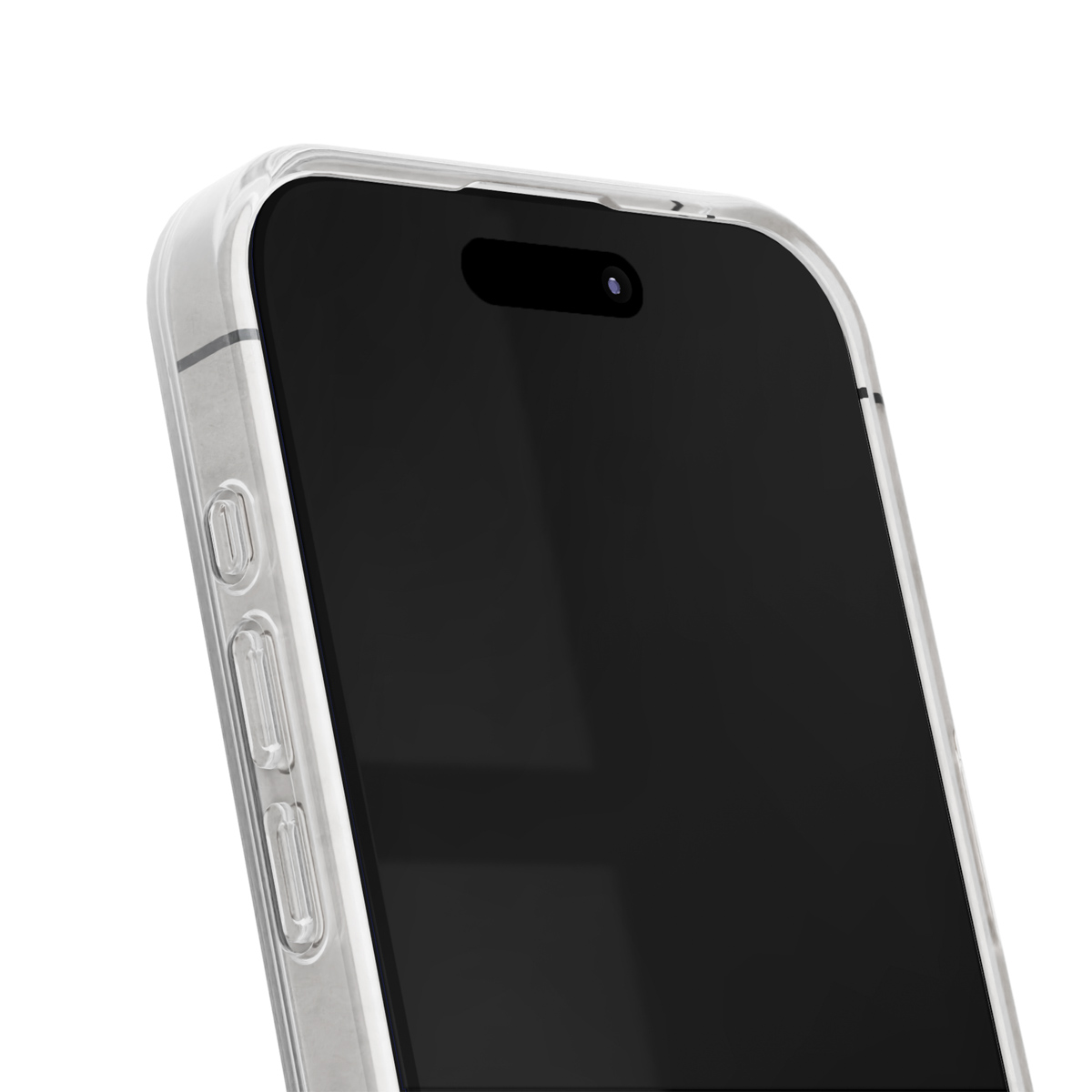 Nahaufnahme eines Smartphones mit einer transparenten Hülle, das die obere linke Ecke mit einem schwarzen Bildschirm und Seitentasten zeigt.