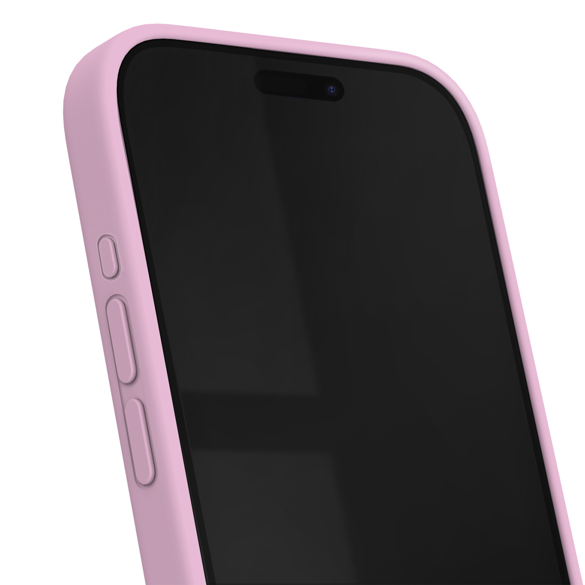 Nahaufnahme einer rosa Handyhülle auf einem schwarzen Smartphone, die die seitlichen Tasten und den oberen Lautsprecher zeigt.