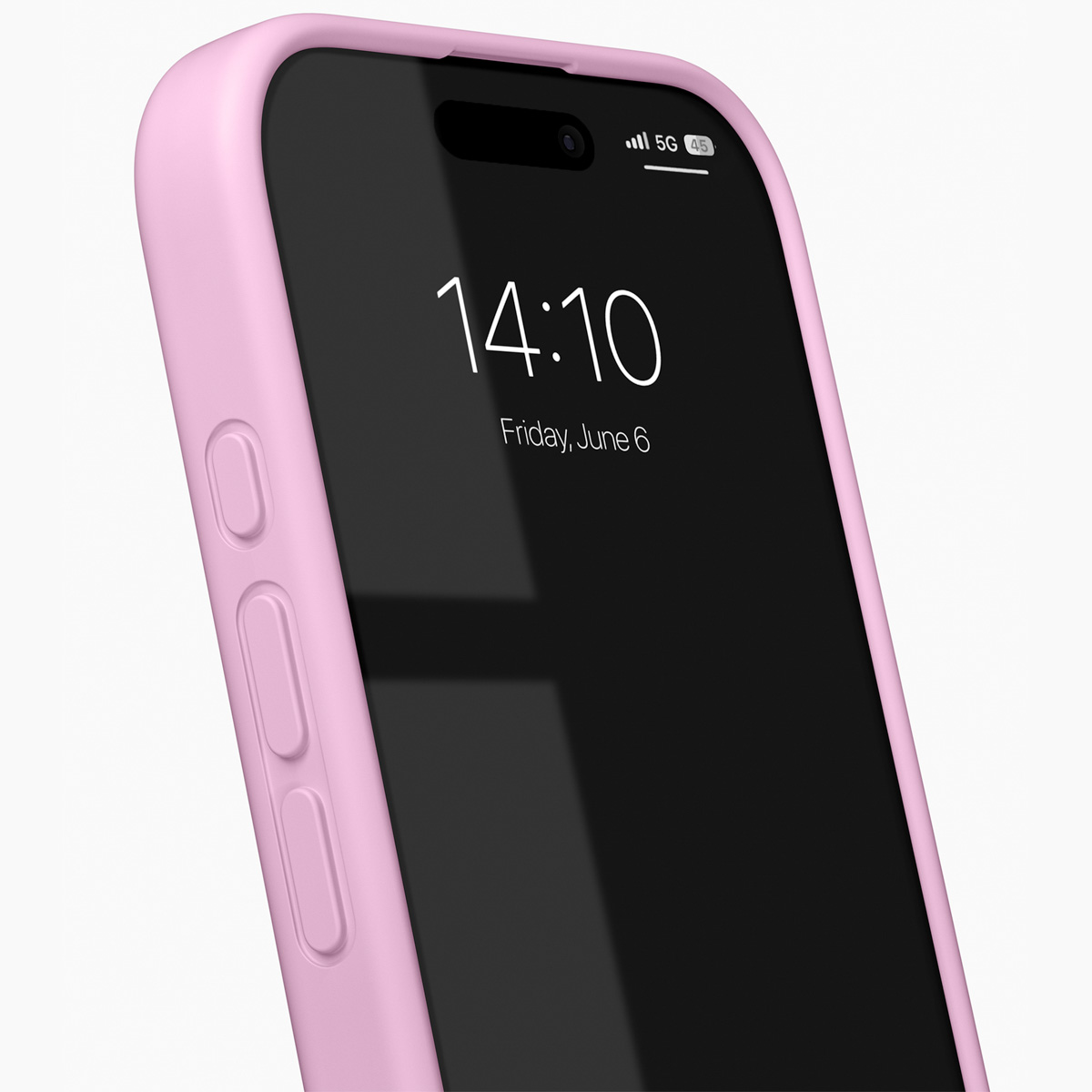 Nahaufnahme eines pinken iPhones mit schwarzem Bildschirm, der 14:10 Uhr und Freitag, 6. Juni anzeigt.