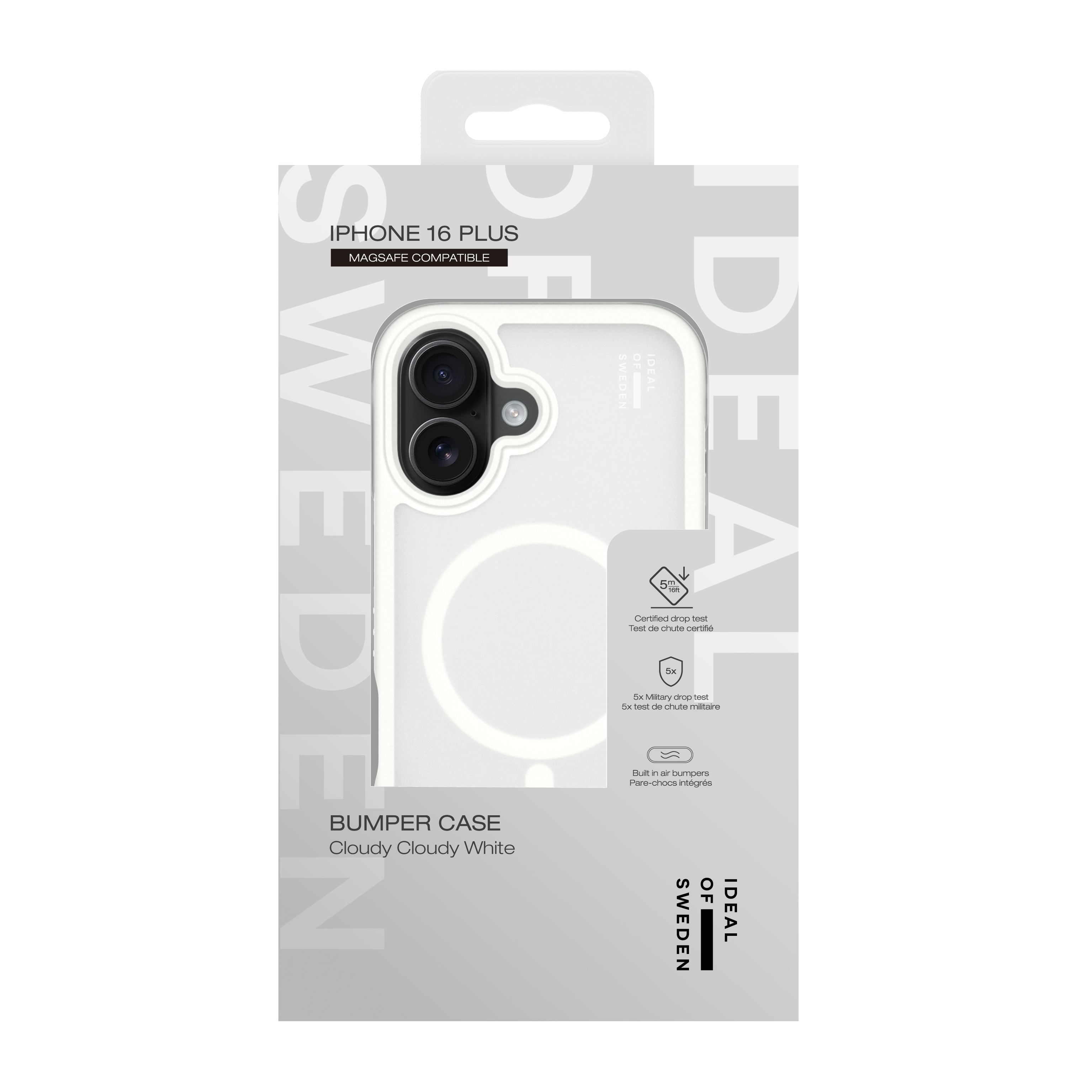 Weiße iPhone 16 Plus Bumper-Case-Verpackung, die das Design der Hülle und die Falltest-Zertifizierungen zeigt.