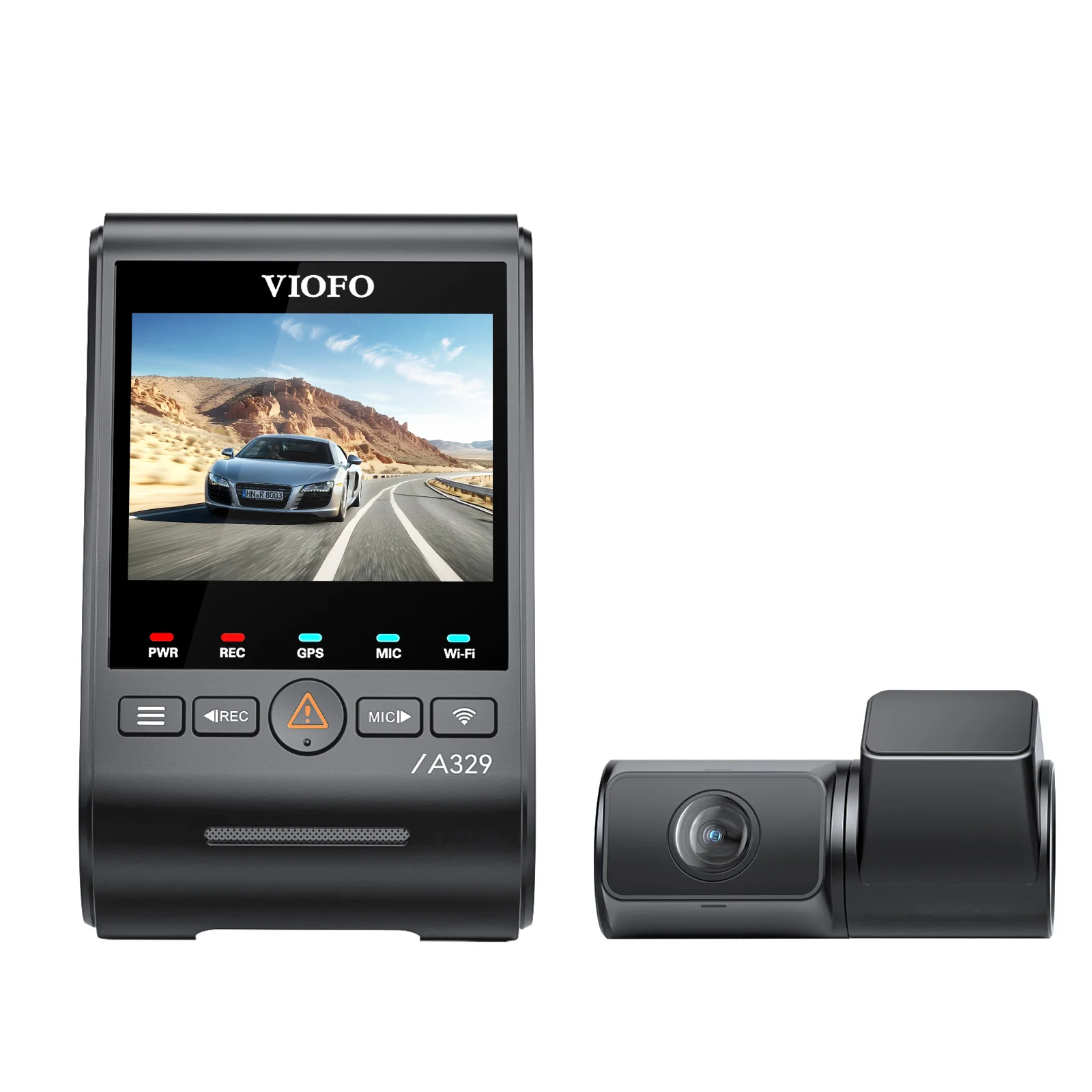 Een VIOFO dashcam toont een zilveren auto op een woestijnweg, met een kleinere, losse camera ernaast.