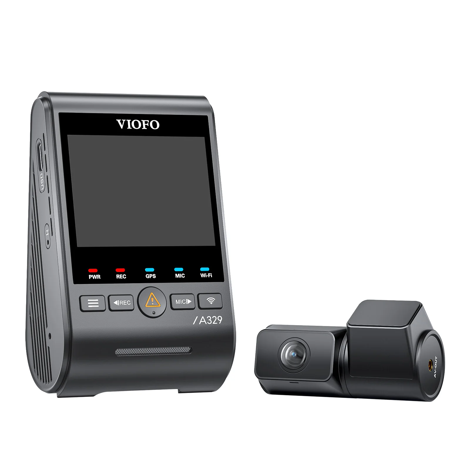 VIOFO dashcam met voor- en achtercamera op witte achtergrond.