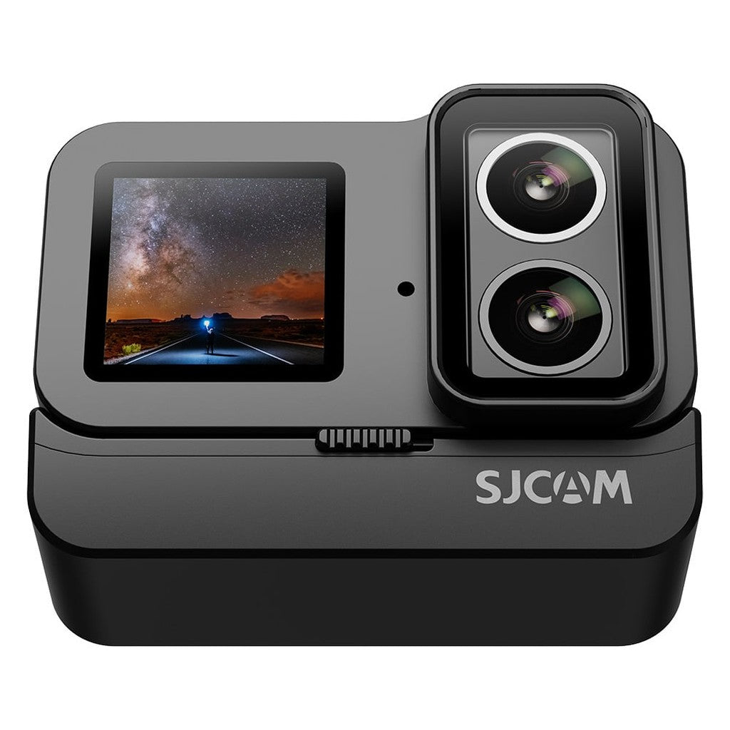 Zwarte action camera met twee lenzen en scherm dat sterrenhemel toont.