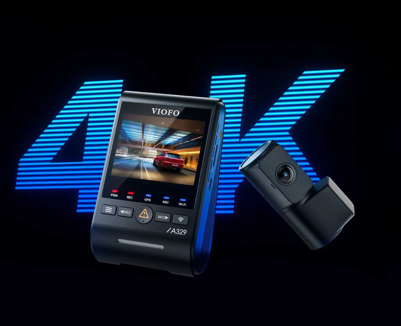 VIOFO dashcam en achteruitrijcamera voor 4K-achtergrond.