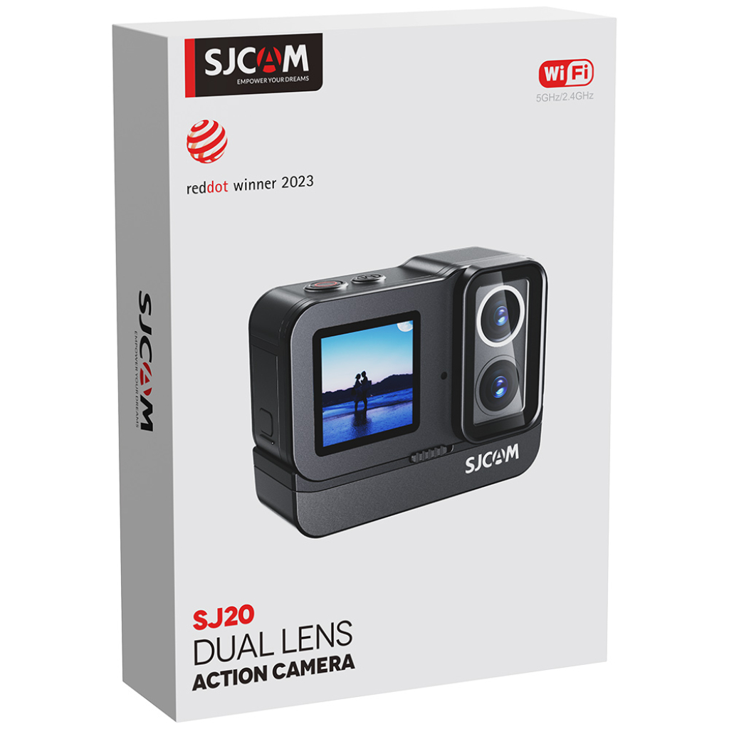 SJCAM SJ20 Dual Lens Actiecamera doos met afbeelding koppel op strand.