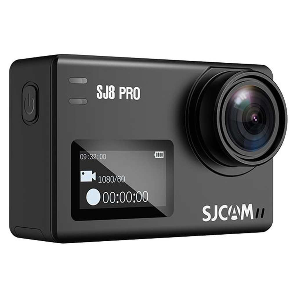 Een zwarte SJ8 PRO actiecamera met een prominente lens, display toont 09:32:00, 1080/60 en opname 00:00:00.