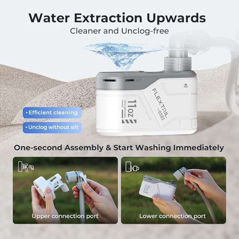 Weißer und grauer tragbarer Wasserabsauger mit Wasserspritzern. Zeigt Anschlussports.