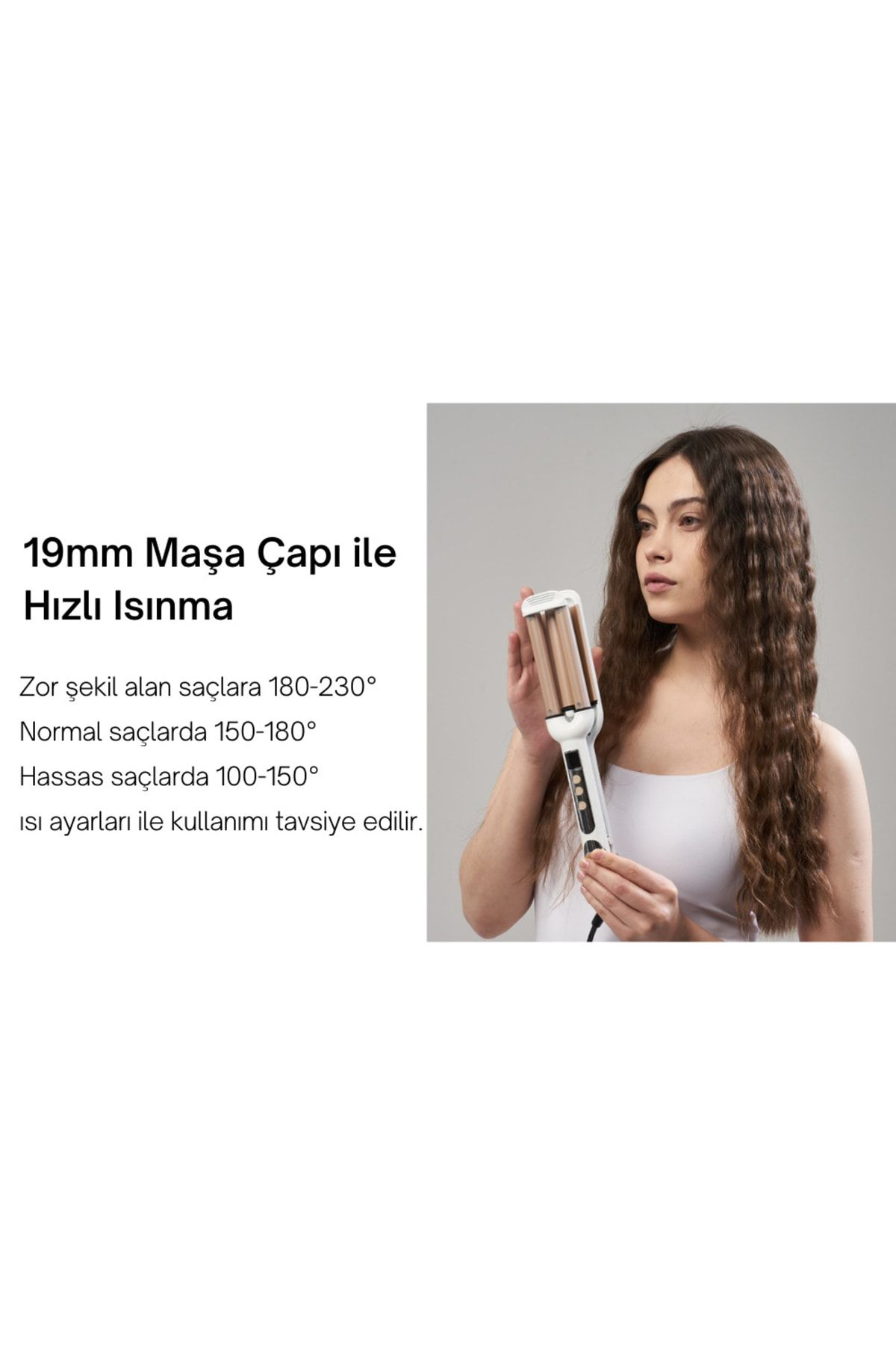 19mm maşa ile saç şekillendiren kadın, hızlı ısınma