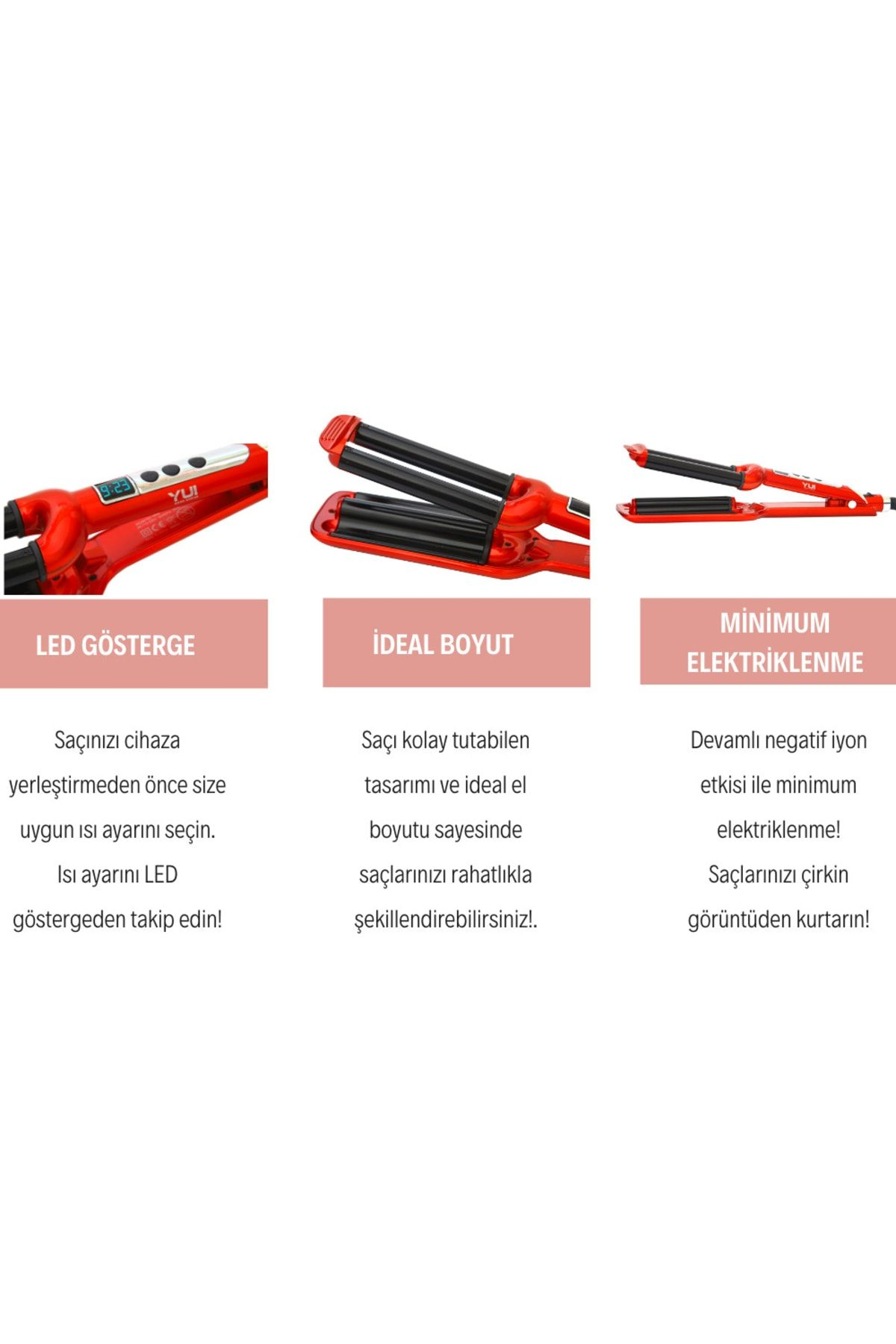 LED göstergeli, ideal boyutta ve minimum elektriklenmeli kırmızı saç maşası.