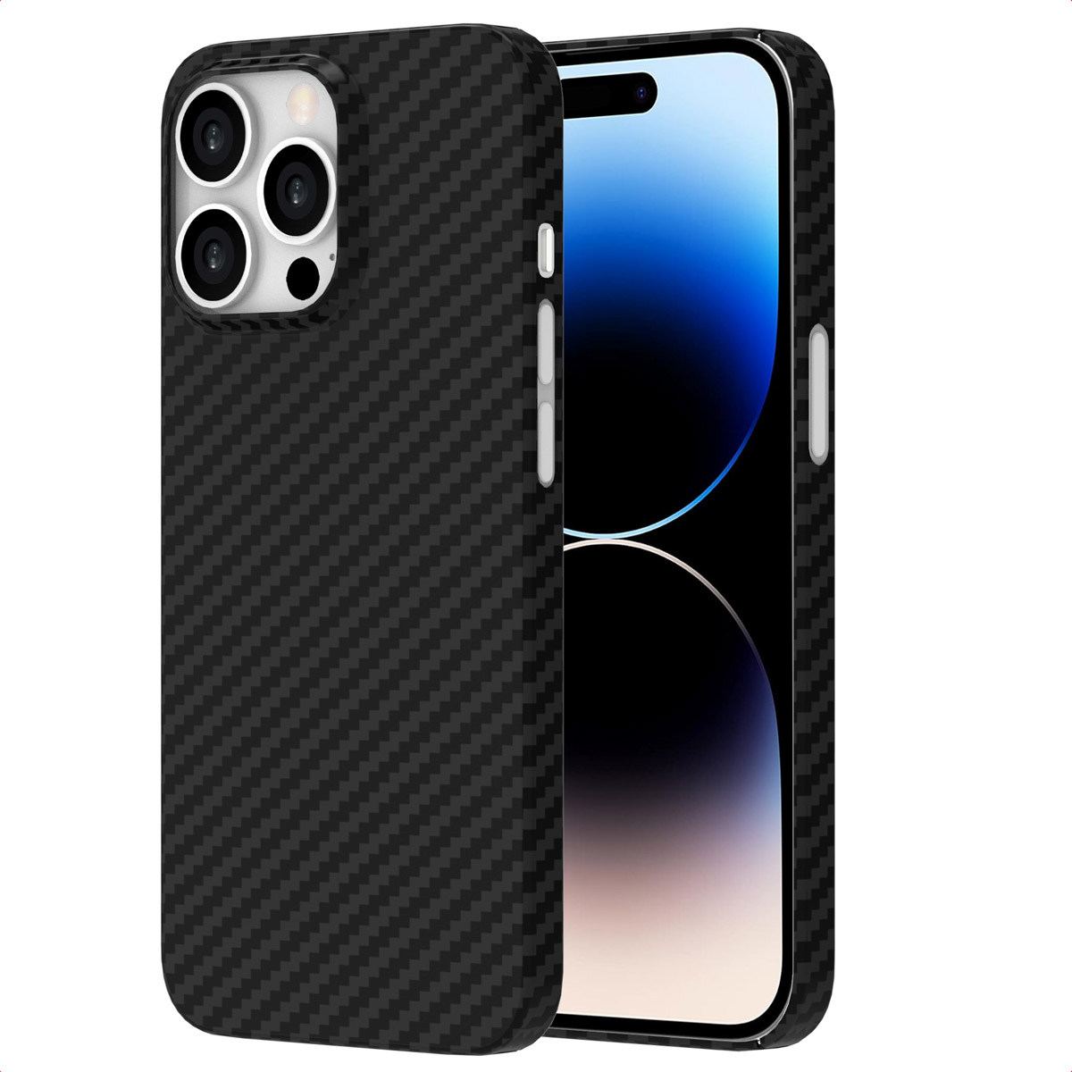 Coque de téléphone noire à motif fibre de carbone à côté d'un smartphone.