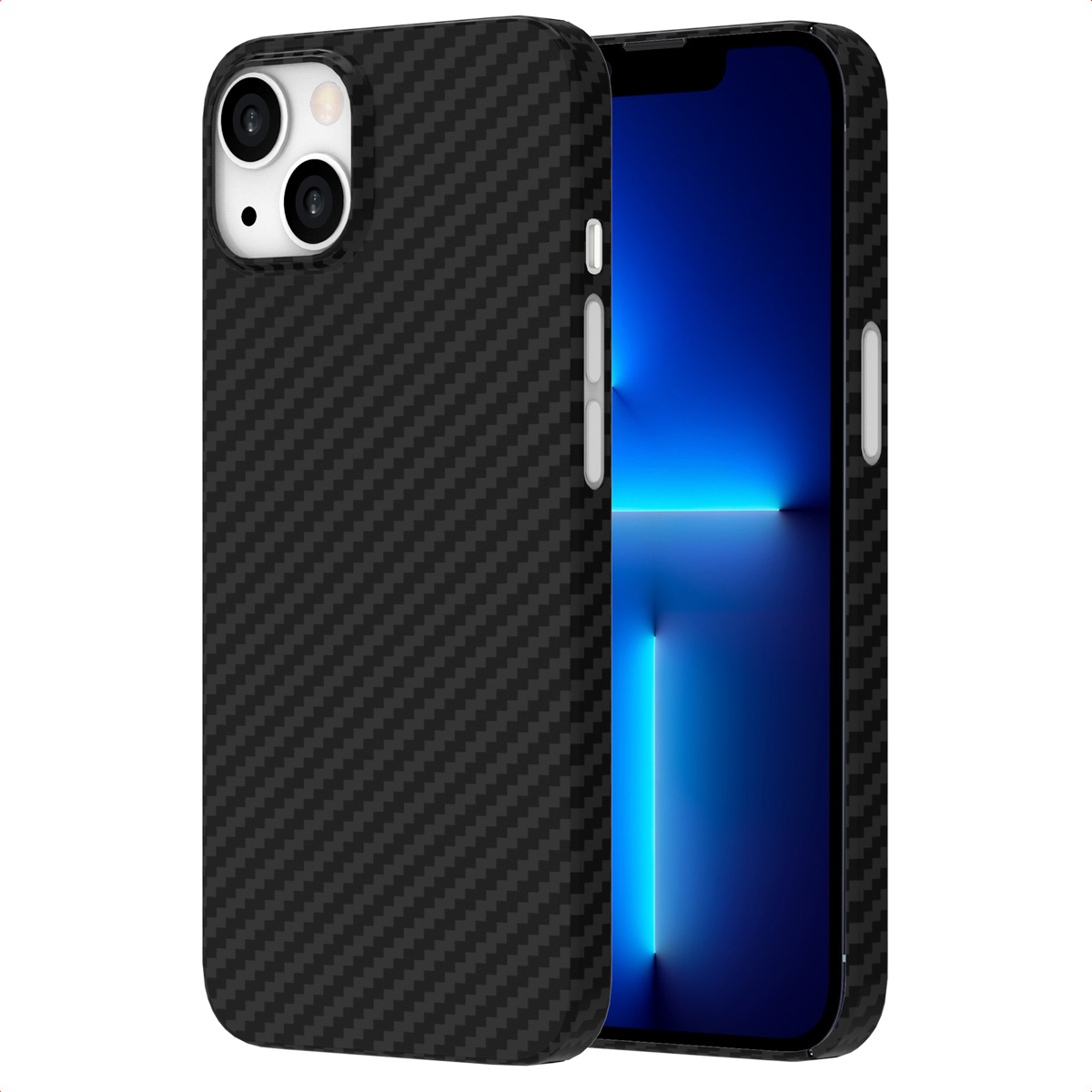 Custodia nera in fibra di carbonio accanto a uno smartphone con schermo blu.