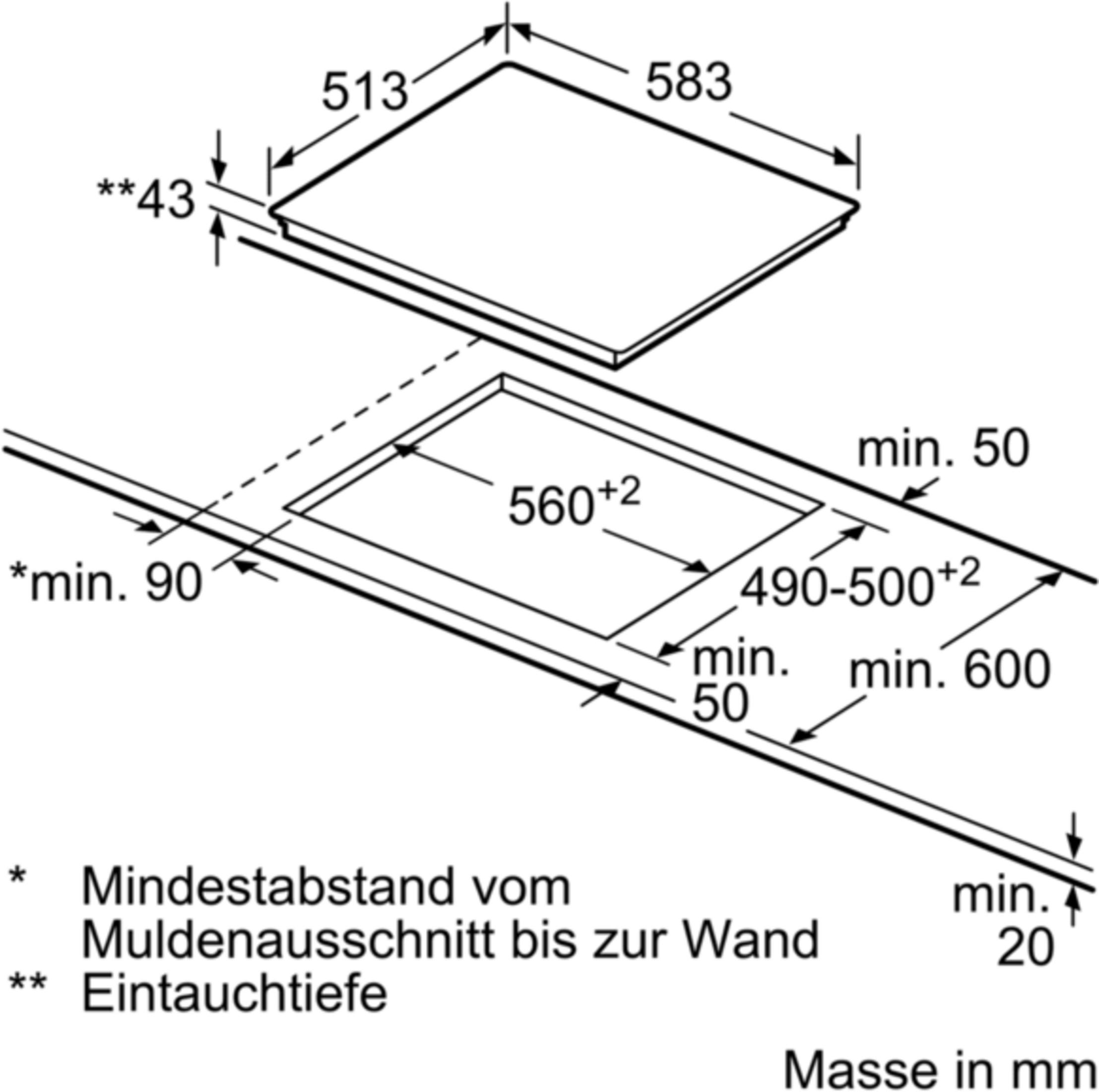 Dessin technique d'une plaque de cuisson avec dimensions et distances en mm.