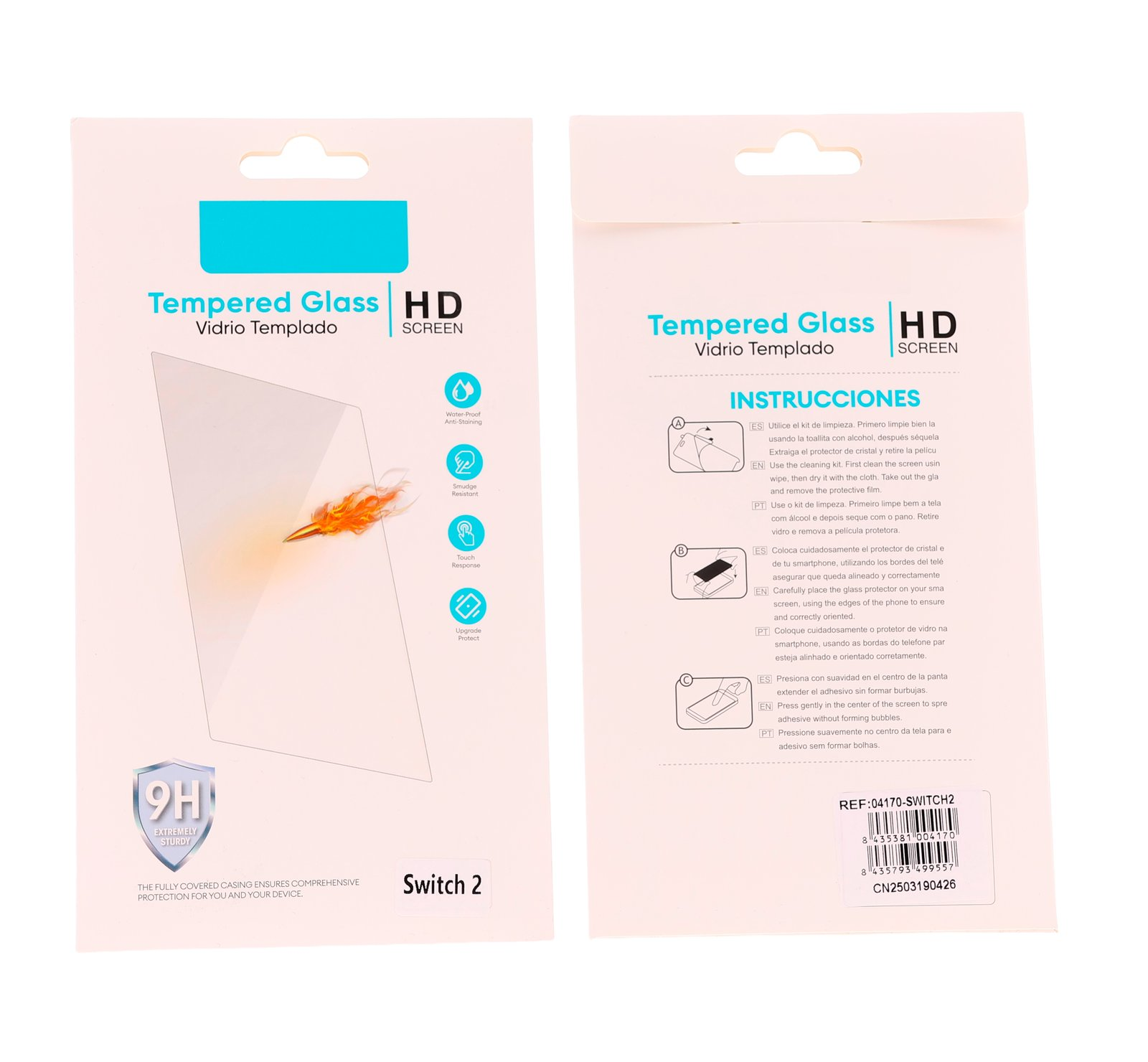 Embalaje de vidrio templado con instrucciones y detalles del producto.