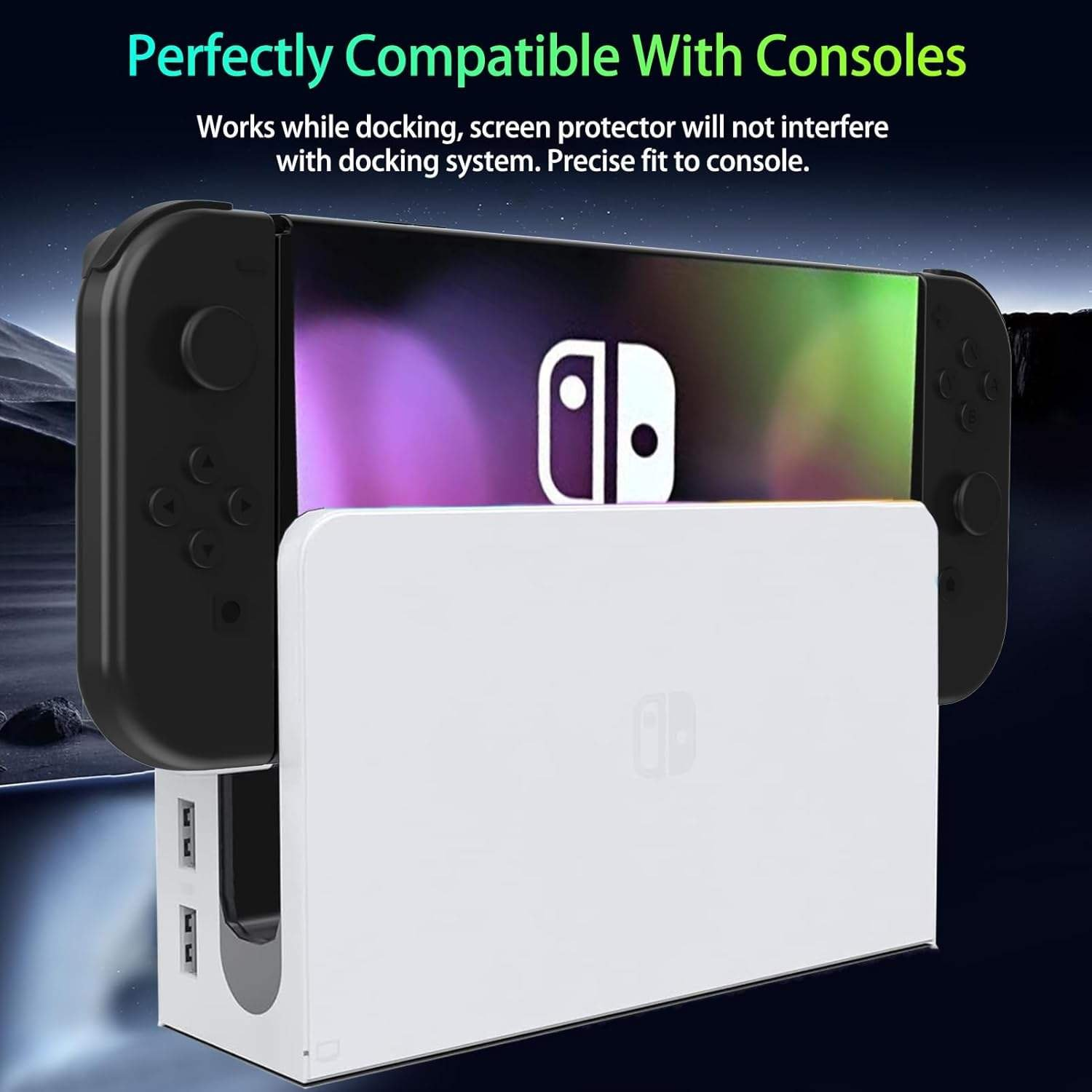 Consola Nintendo Switch en base blanca de carga con puertos.