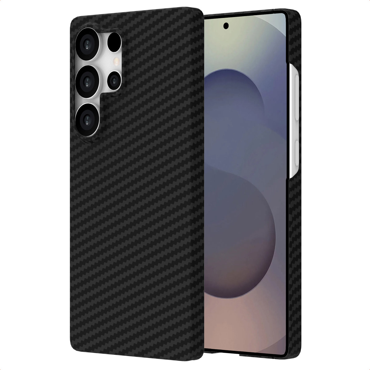 Custodia nera per telefono con motivo in carbonio che protegge uno smartphone con obiettivi.