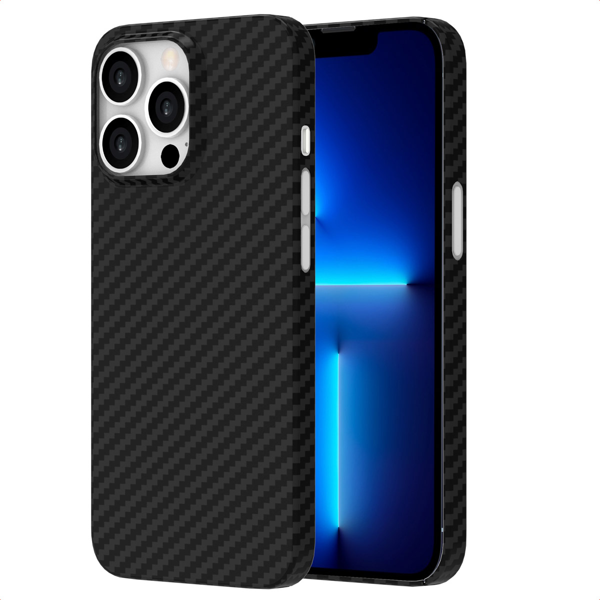Coque de téléphone noire en fibre de carbone à côté d'un smartphone à écran bleu.
