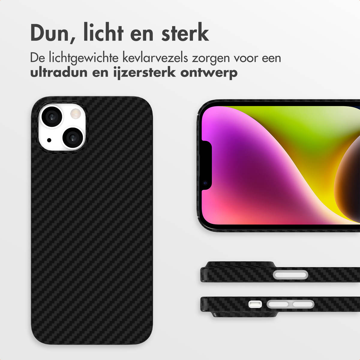 Zwarte telefoonhoes met koolstofvezelpatroon naast een smartphone.