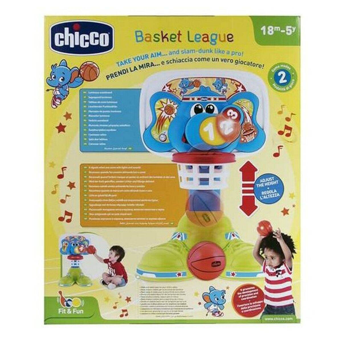 Chicco Basket League Spielzeug mit Elefant, Kindern und Bällen.