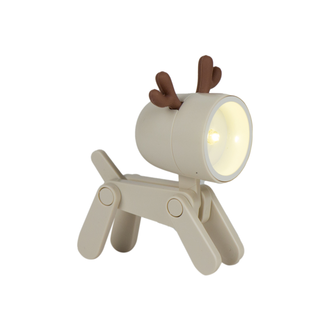 Una piccola lampada beige a forma di renna con corna marroni.