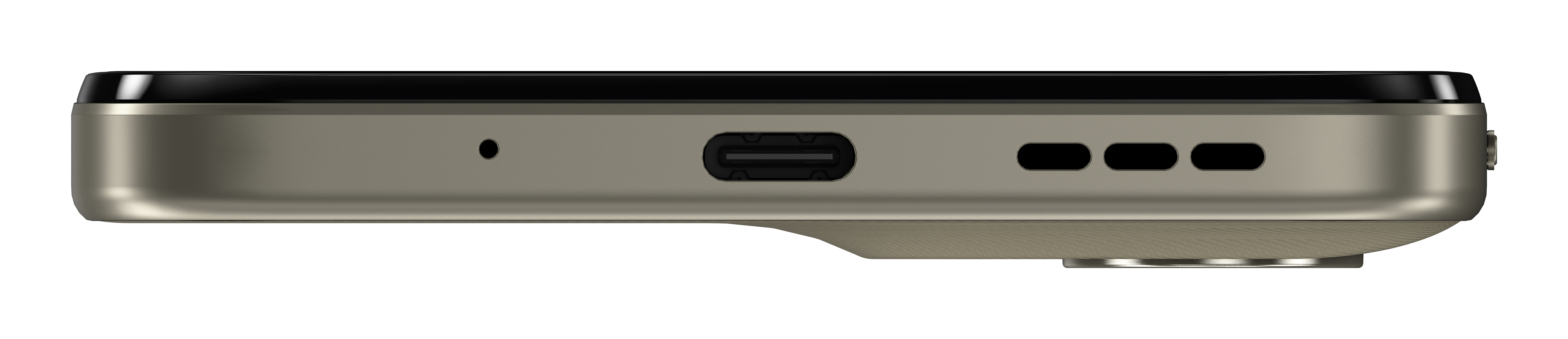 Zbliżenie na dół złotego smartfona z portem USB-C.