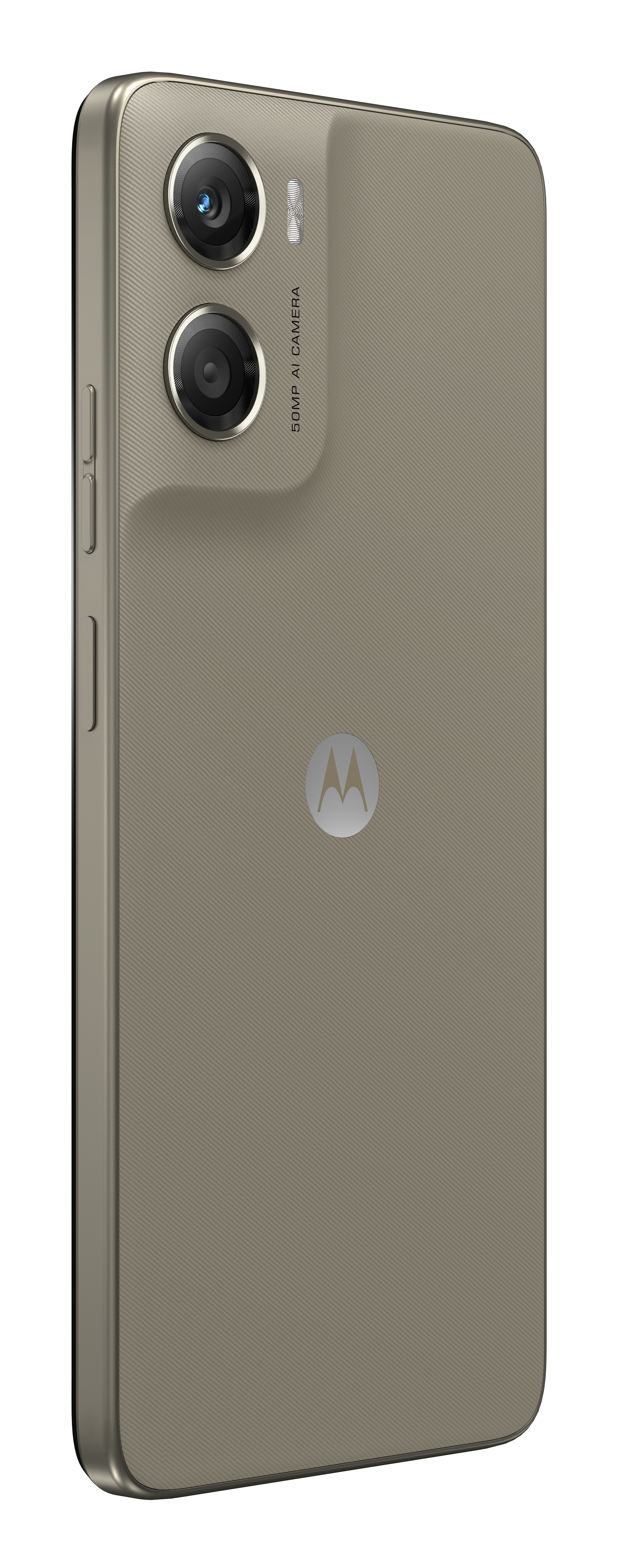 Achterkant van een bronzen smartphone met dubbele camera en Motorola-logo.