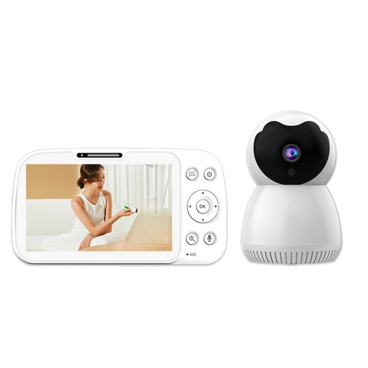 Ein Babyphone mit einem Monitor, auf dem eine Frau zu sehen ist, und einer Kamera.