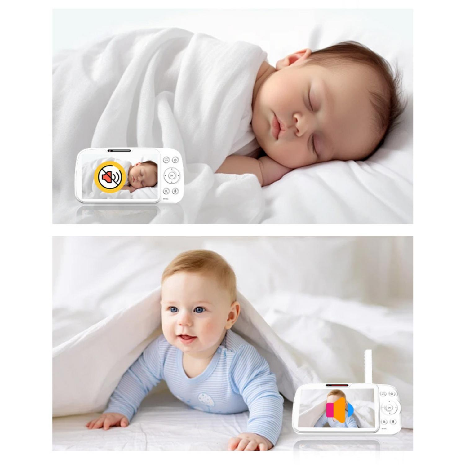 Ein Baby schläft, ein Baby-Monitor zeigt ein Baby mit Mute-Symbol. Ein Baby liegt auf dem Bett.