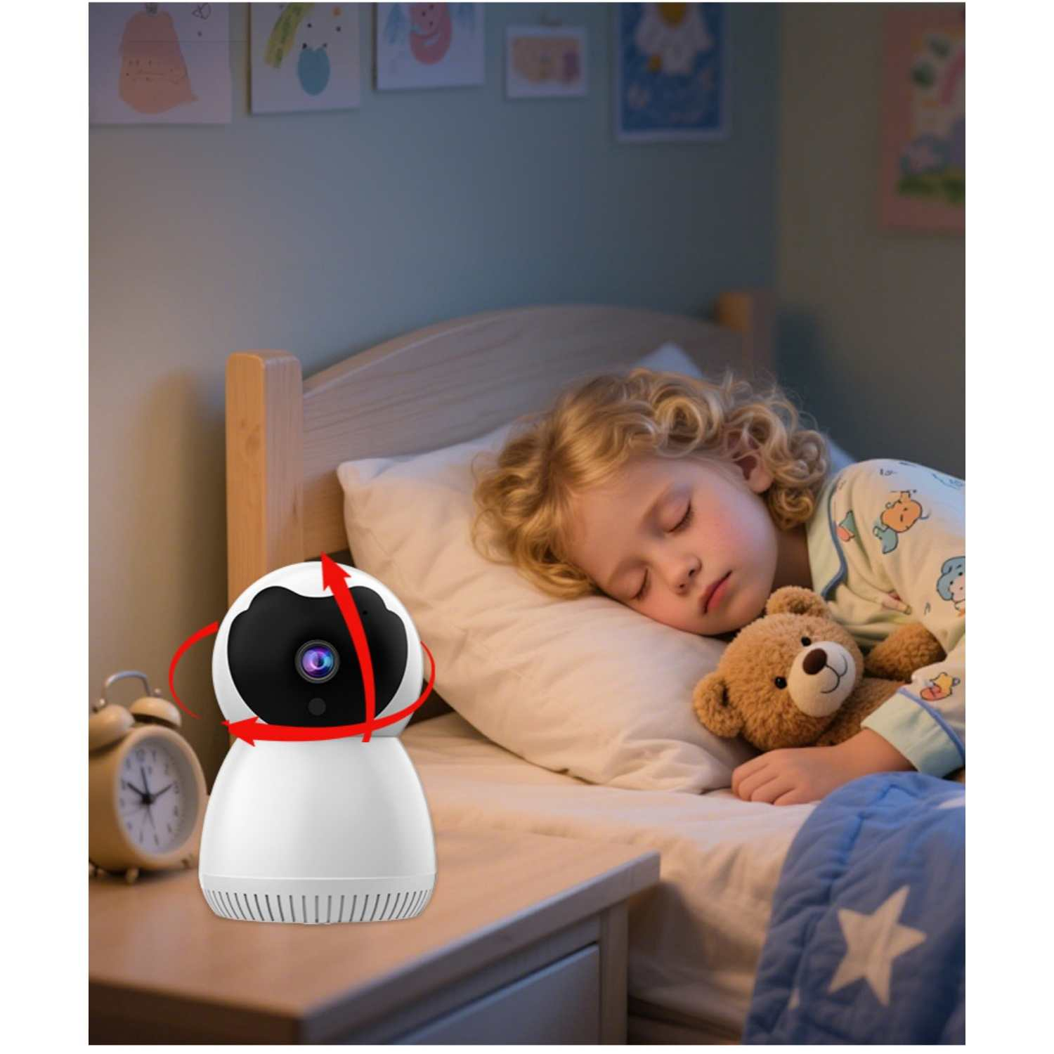 Ein weißer Baby-Monitor auf einem Nachttisch neben einem schlafenden Kind.