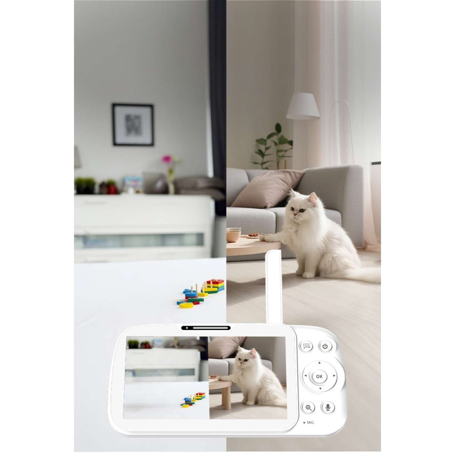 Weißer Perserkatze auf einem Sofa in einem Wohnzimmer, Babyphone zeigt dasselbe.