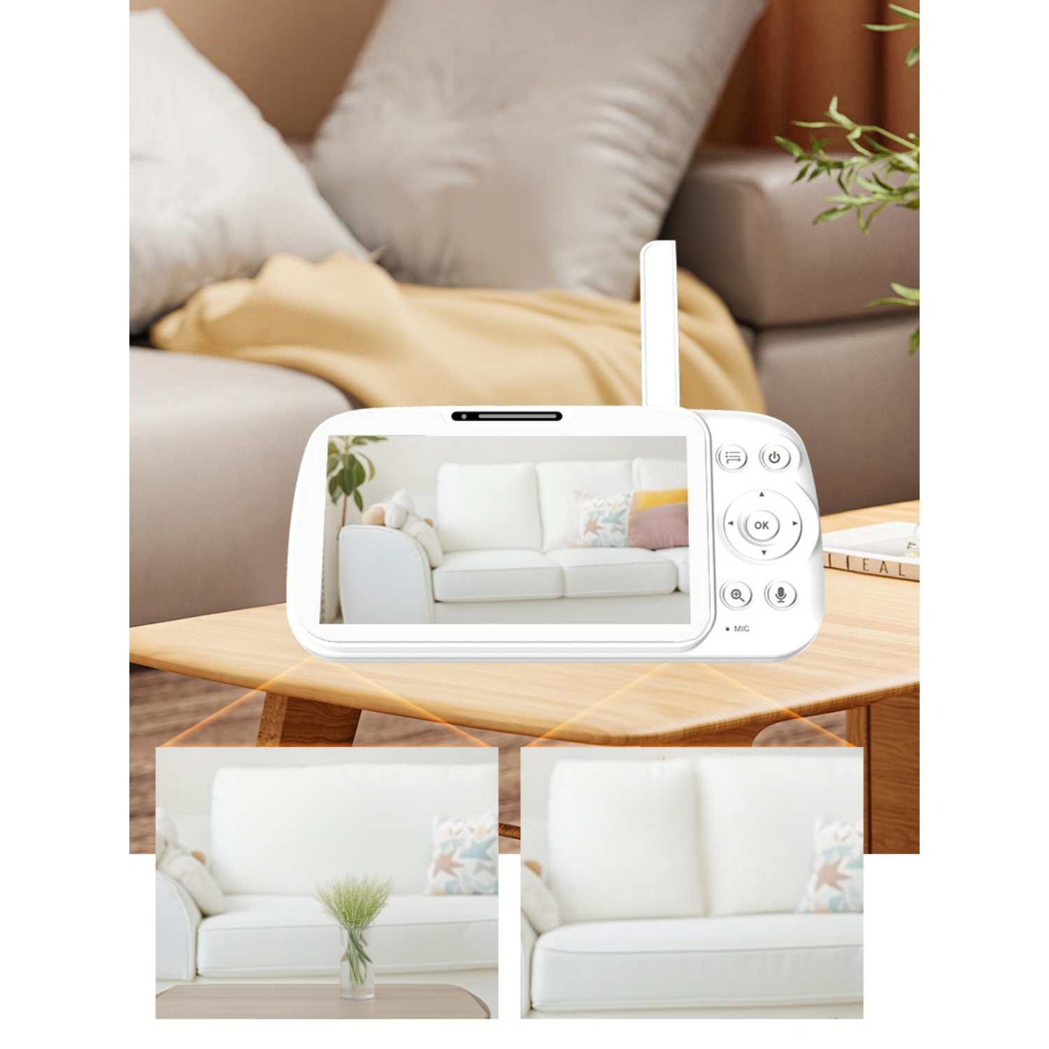 Ein weißes Babyphone zeigt ein Wohnzimmer mit Sofa. Unten sind zwei Nahaufnahmen des Sofas.