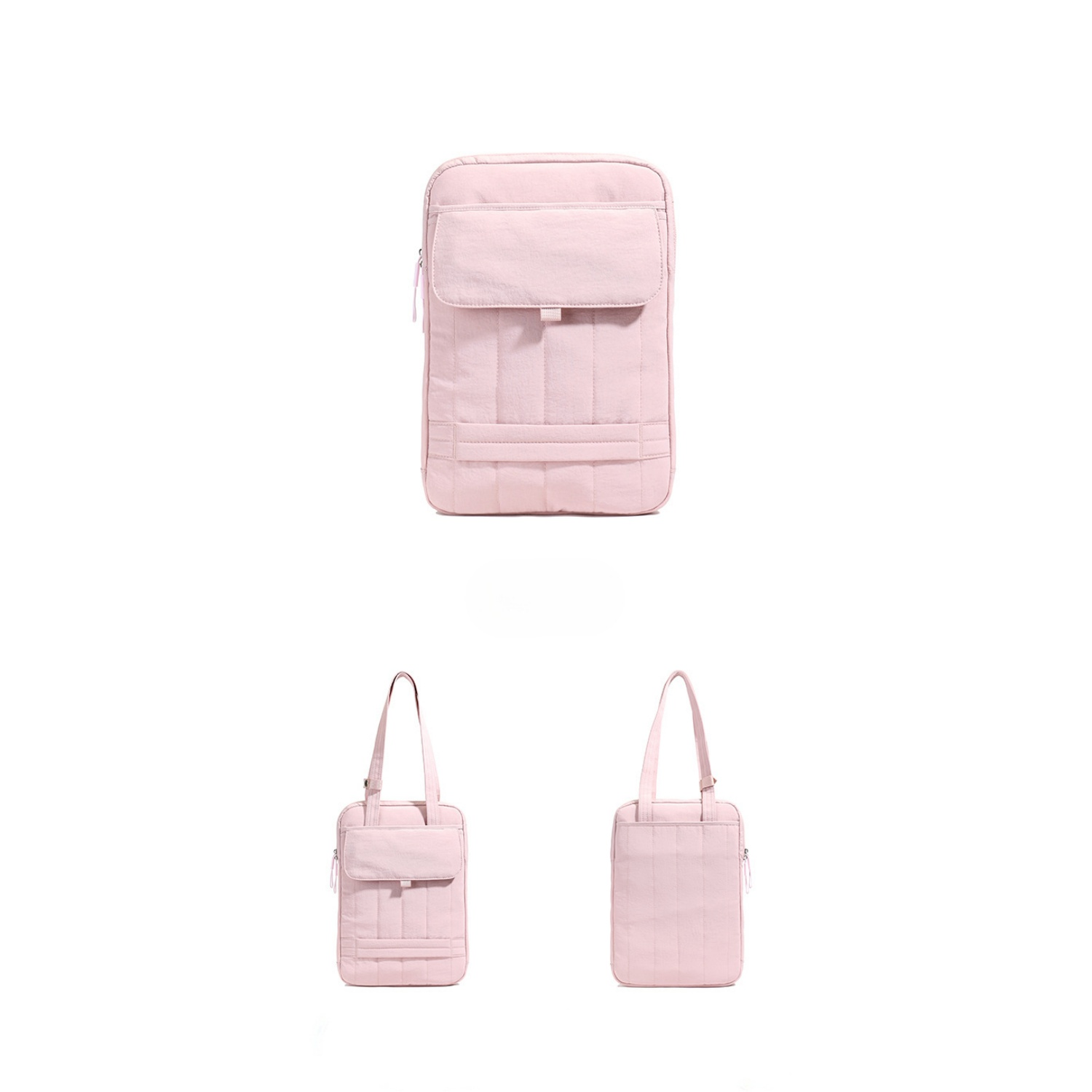 Eine rosafarbene gesteppte Laptoptasche mit Vordertasche und Henkeln.