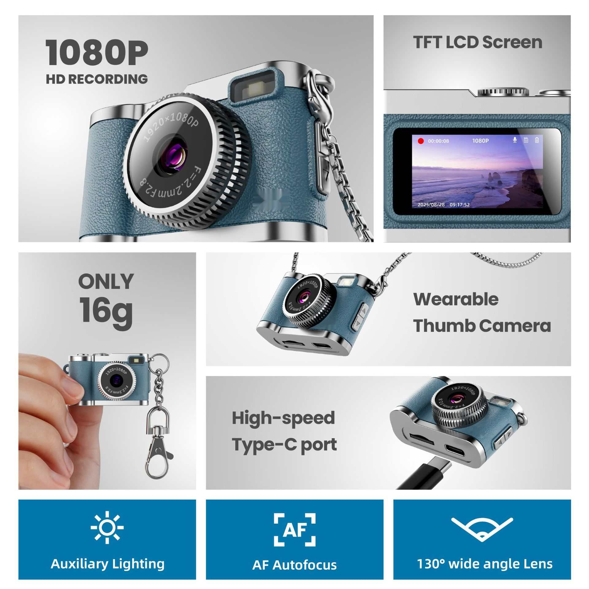 Blaue 1080p HD-Kamera mit TFT-Bildschirm, Typ-C-Anschluss und AF-Autofokus.
