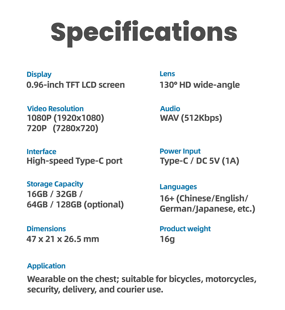 Spezifikationen: 0,96-Zoll-TFT-LCD, 130° HD Weitwinkelobjektiv, 1080p/720p, WAV, Typ-C, 16GB-128GB, 16g.