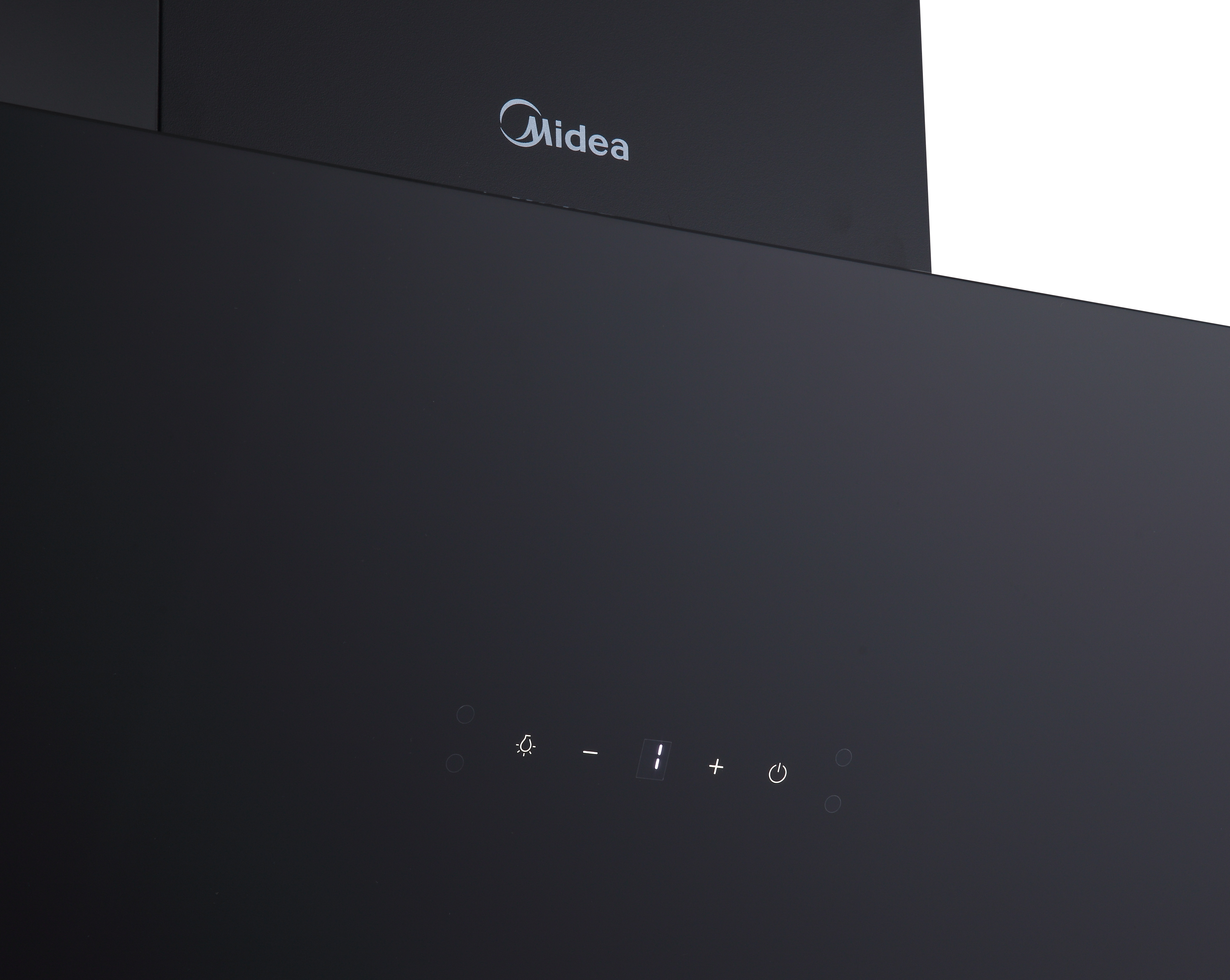 Schwarze Dunstabzugshaube mit Midea-Logo und Touch-Bedienfeld.