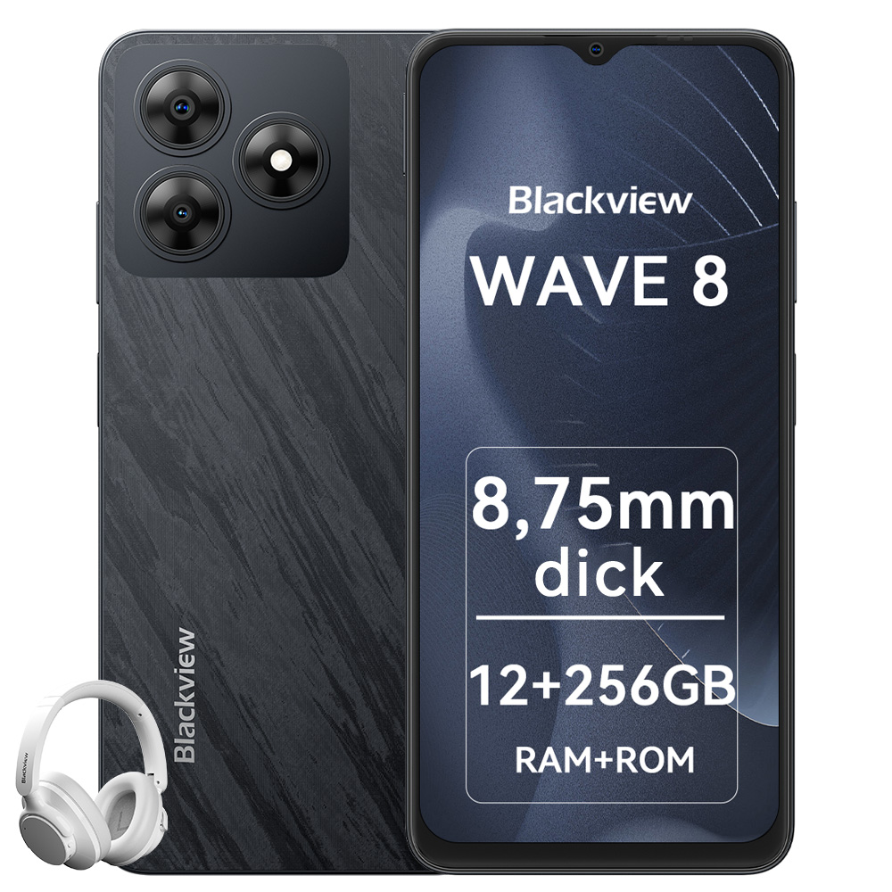 Schwarzes Blackview Wave 8 Handy mit Kopfhörern. 8,75mm dick, 12+256GB.