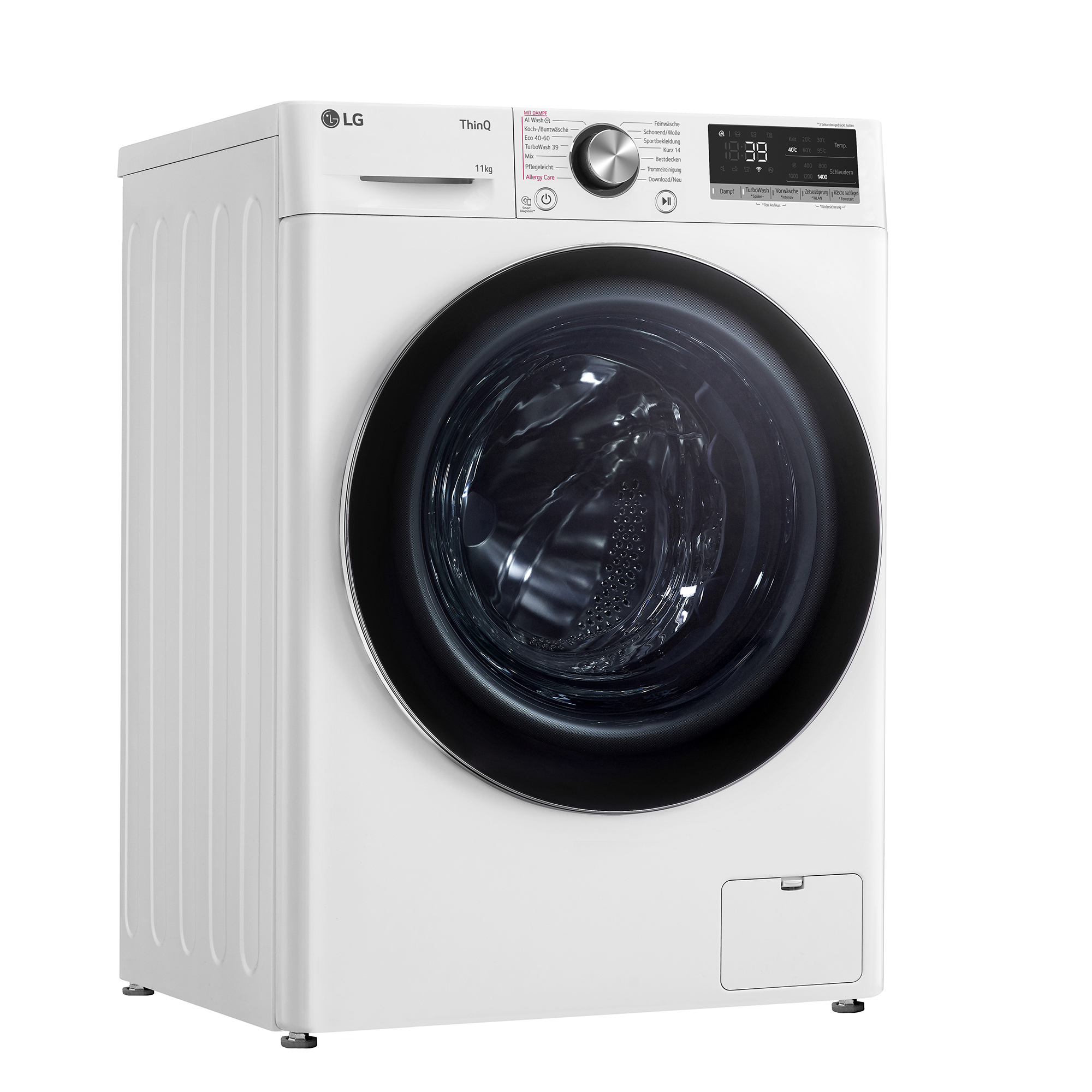 Weiße LG Waschmaschine mit silbernem Drehknopf und digitalem Display.