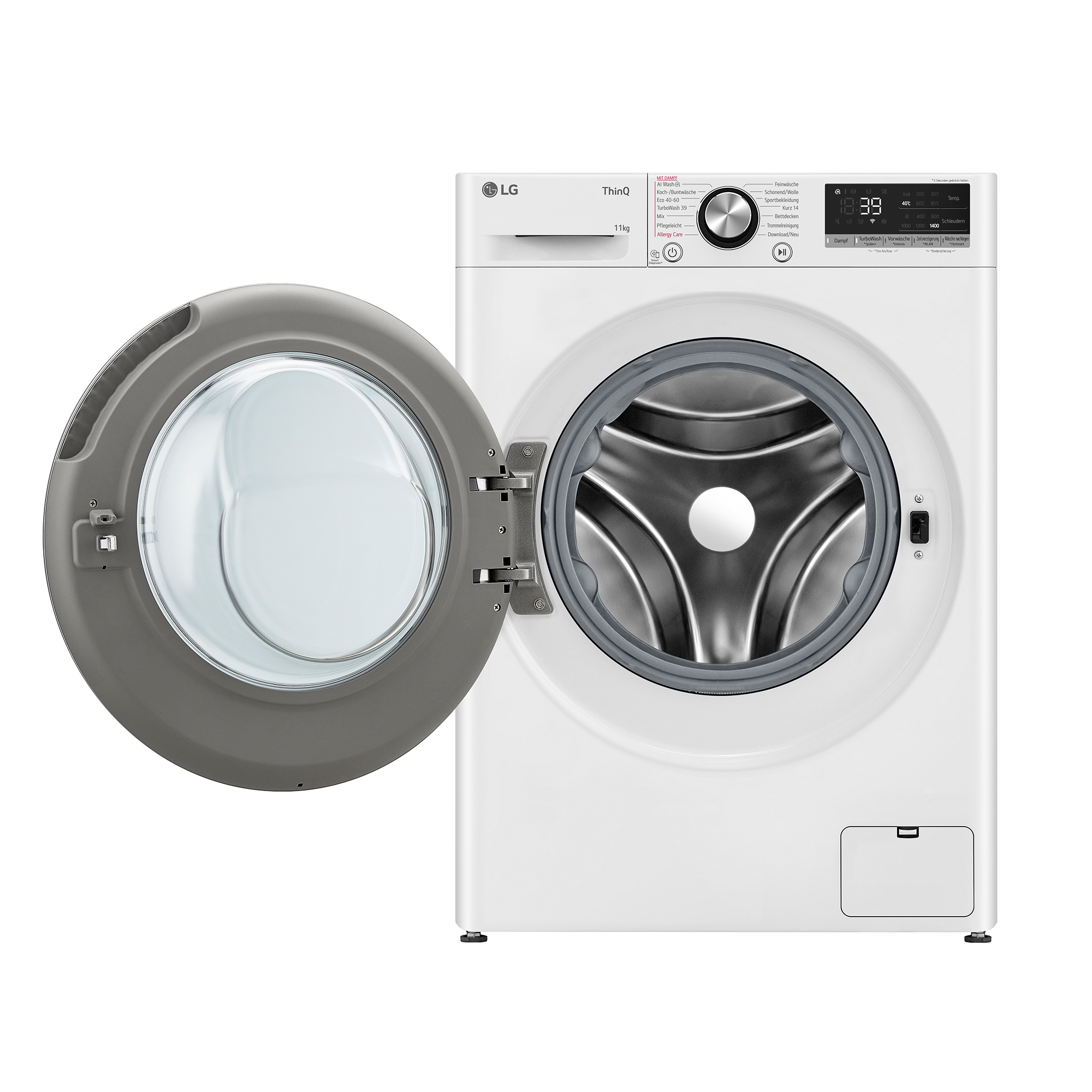 Eine weiße LG Waschmaschine mit geöffneter Tür und Bedienfeld.