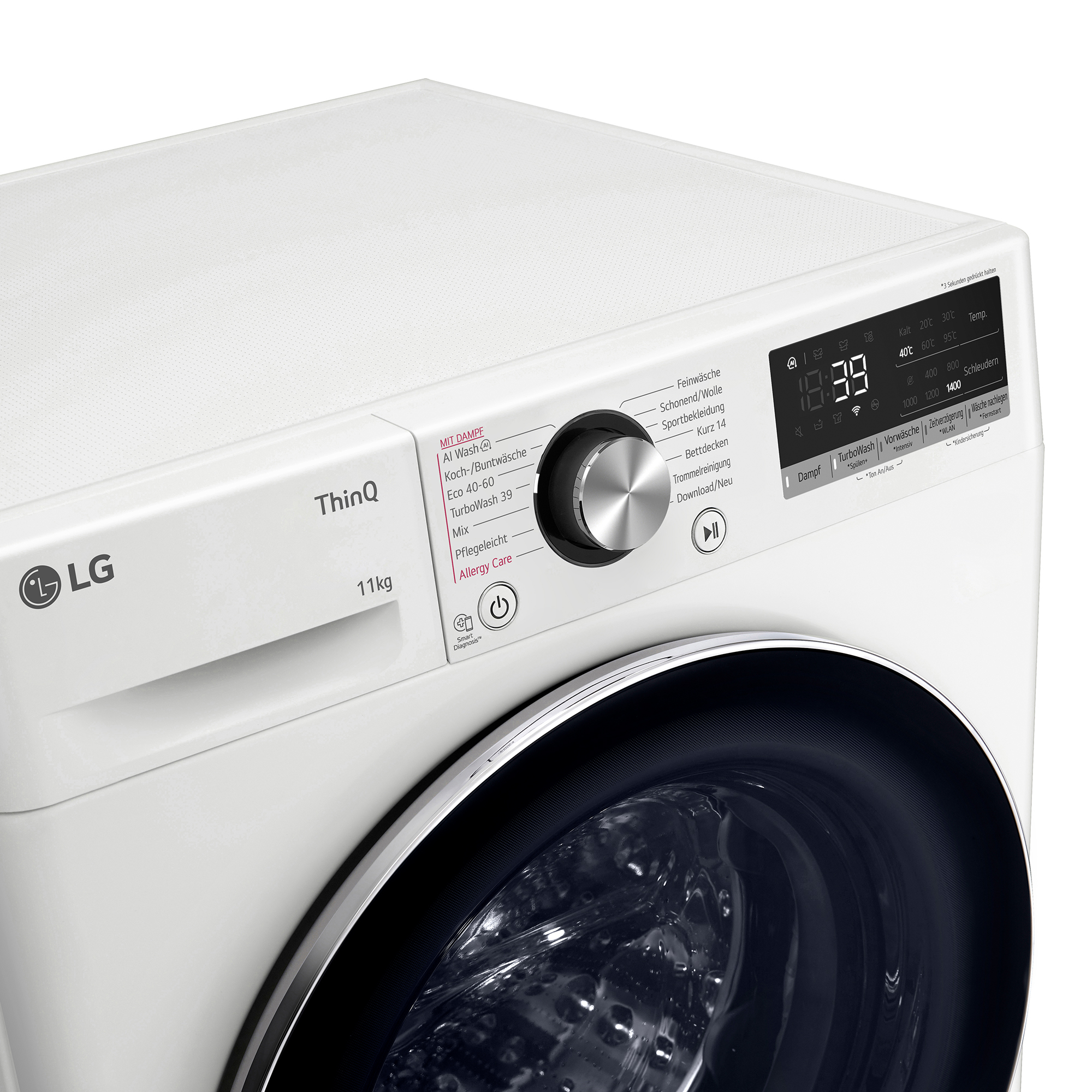 Eine weiße LG Waschmaschine mit digitalem Display und Drehrad. 11kg Kapazität.