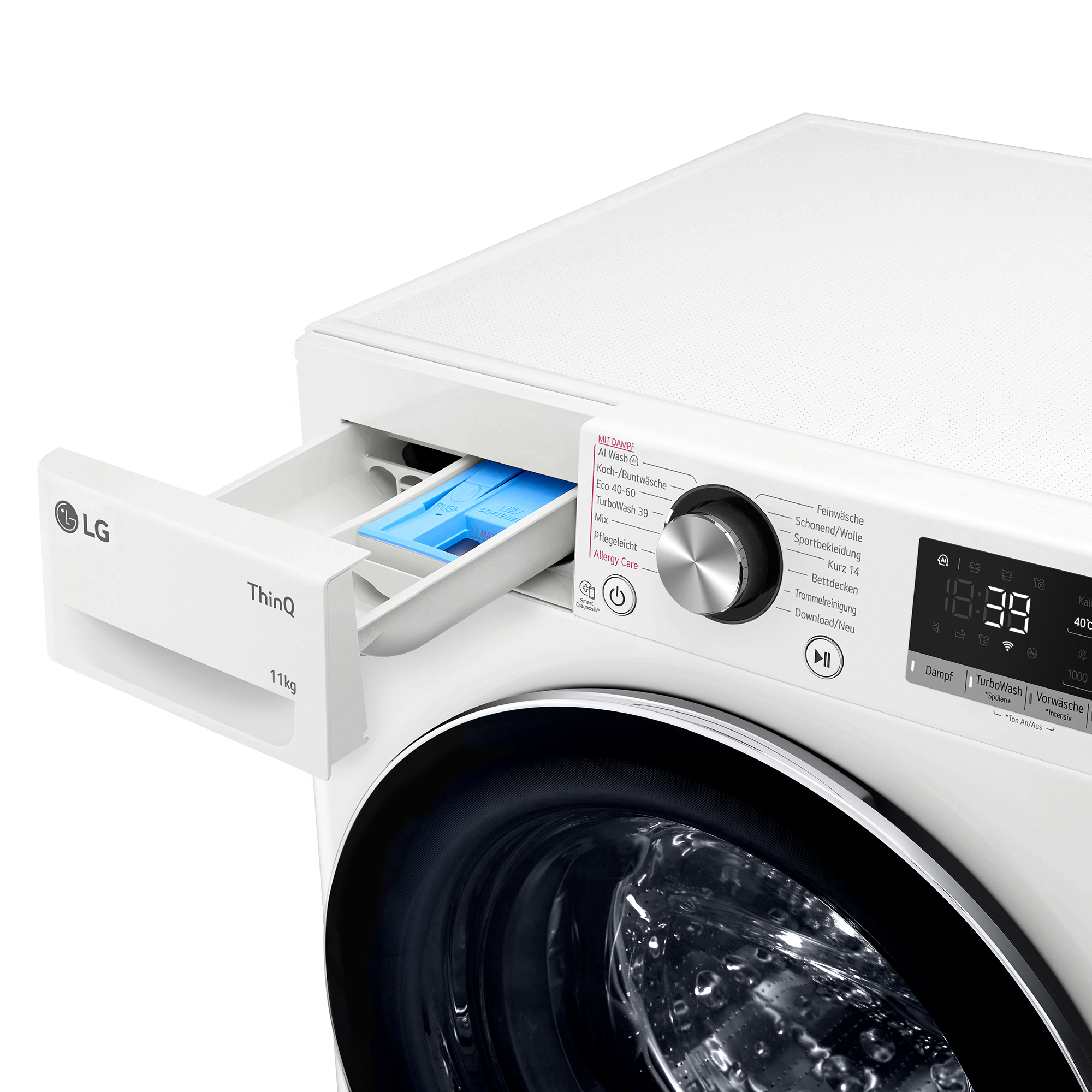 Eine weiße LG Waschmaschine mit herausgezogener Schublade für Waschmittel und einem Display.