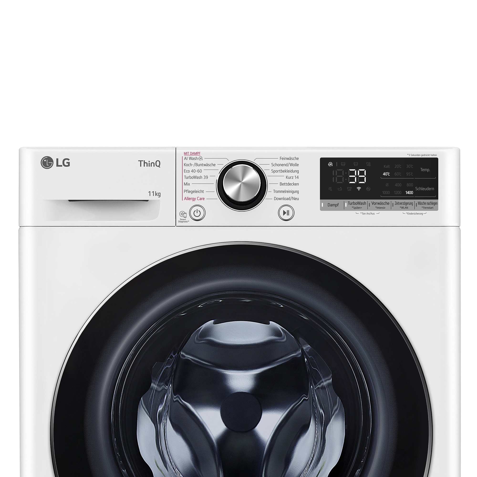 Weiße LG Waschmaschine mit Bedienfeld, Display und Trommel.