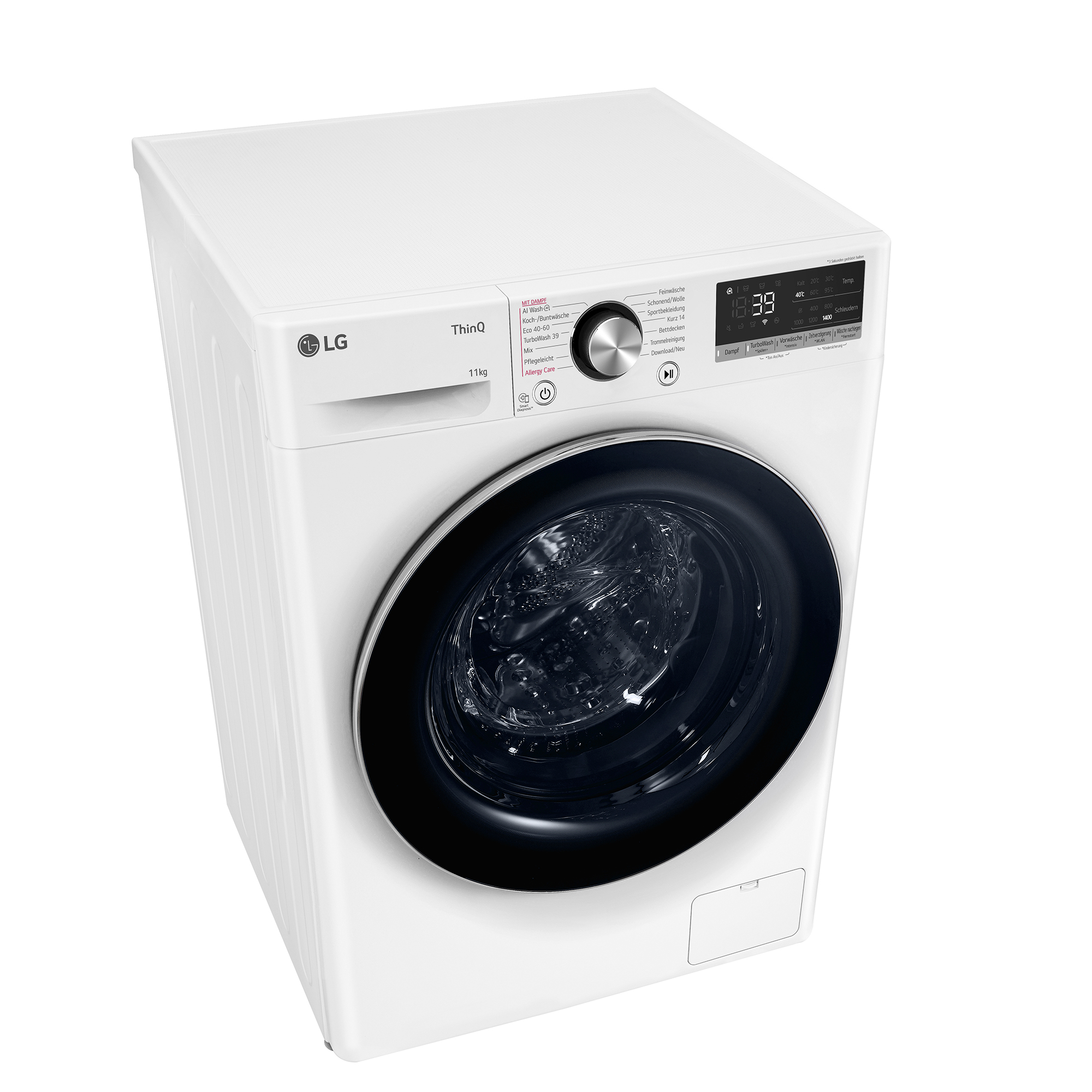 Weiße LG Waschmaschine mit digitalem Bedienfeld und sichtbarer Trommel.