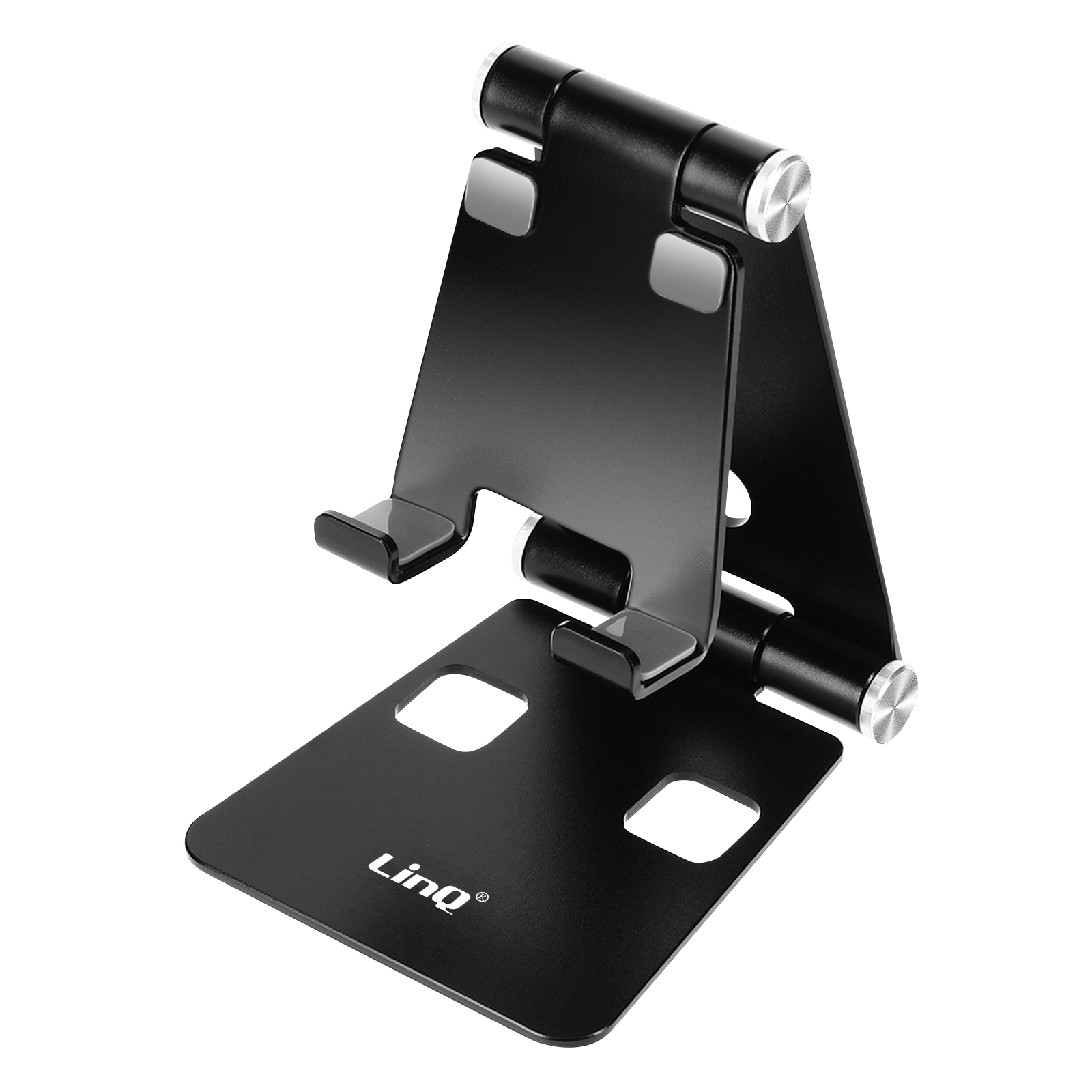Un supporto nero regolabile per cellulare o tablet.