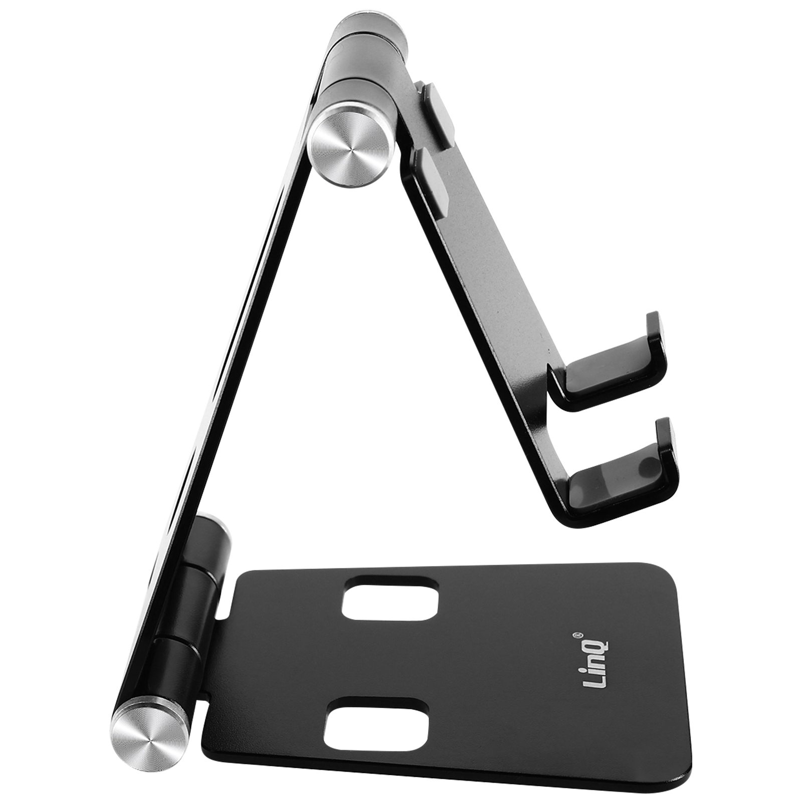 Un supporto nero regolabile per tablet o smartphone.