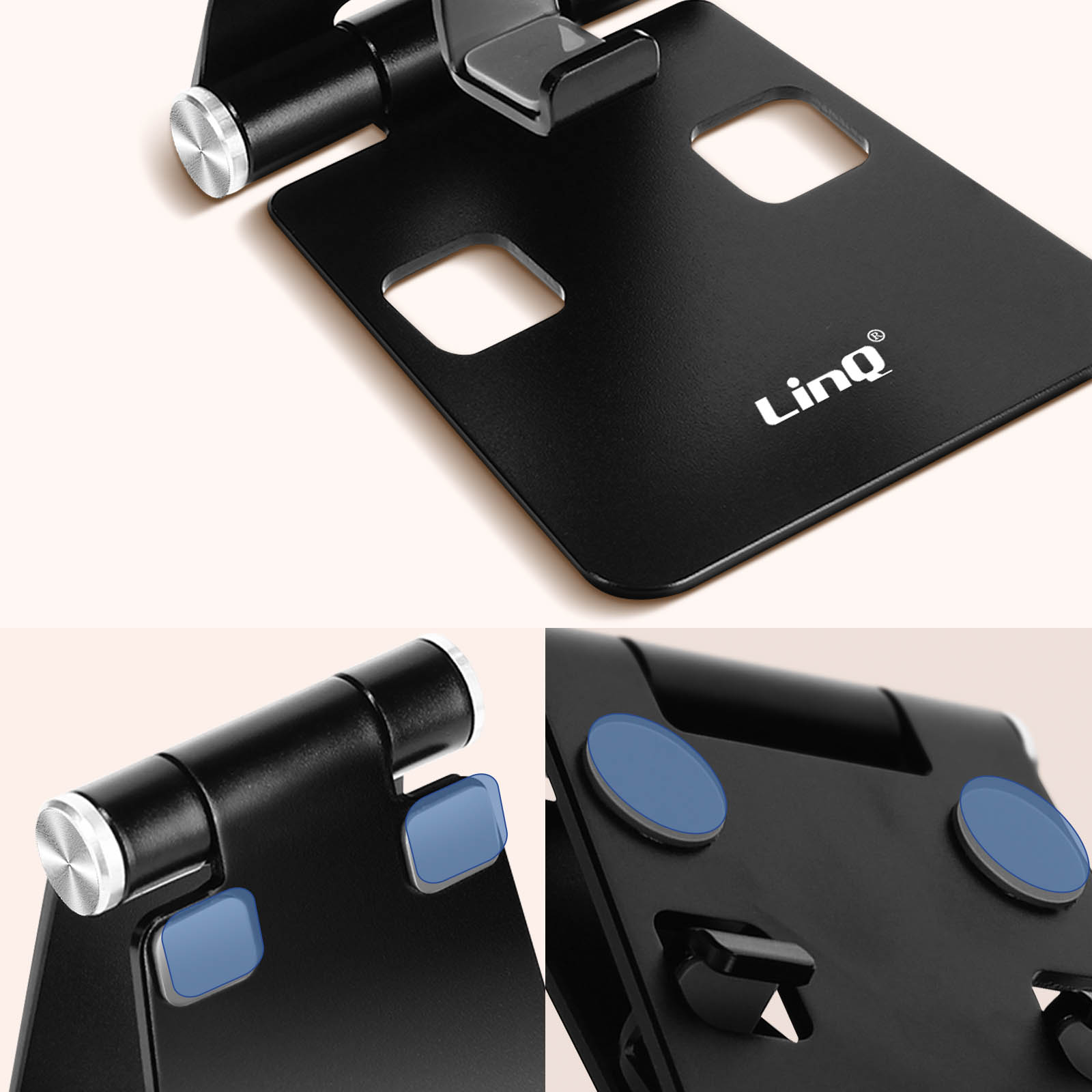 Un supporto pieghevole nero con viti zigrinate argentate e piedini in gomma blu.