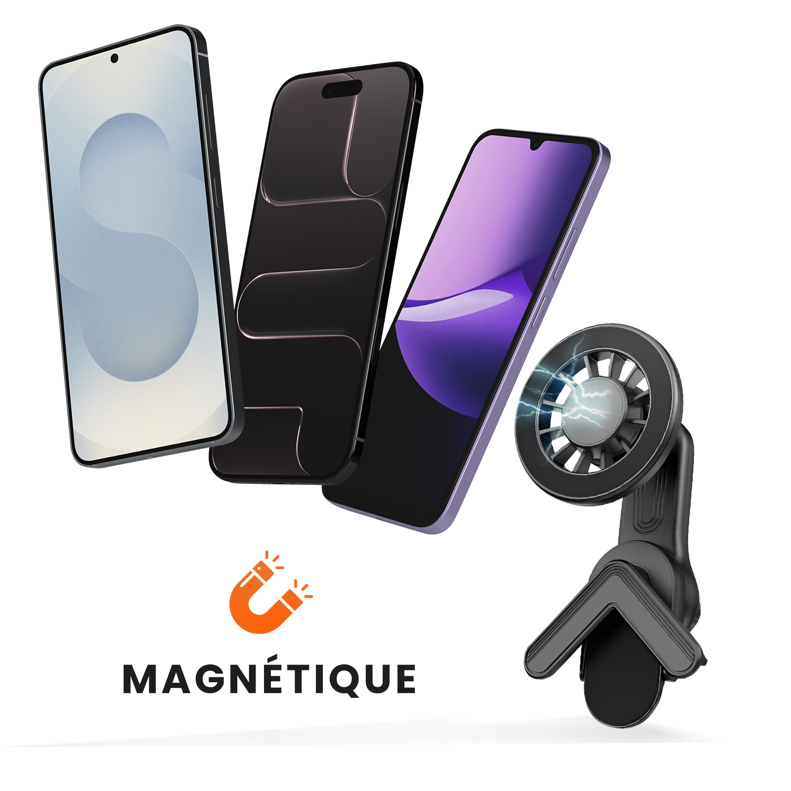 Drei Smartphones, ein magnetischer Lüfterhalter und ein Magnet-Symbol.