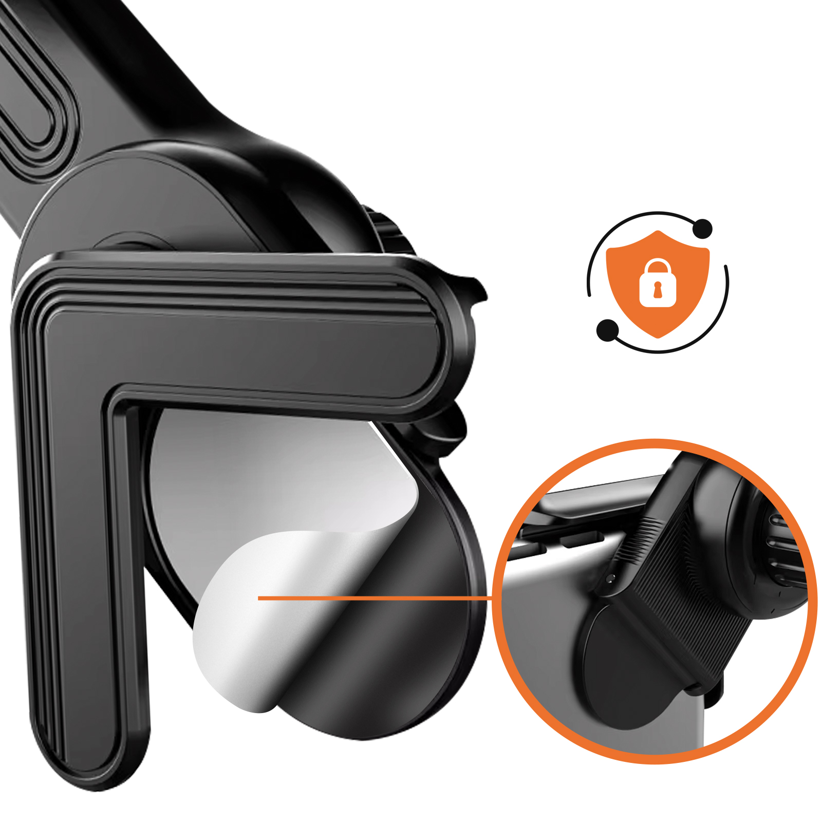 Schwarzer Handyhalter mit Sicherheitssymbol. Nahaufnahme eines Teils.
