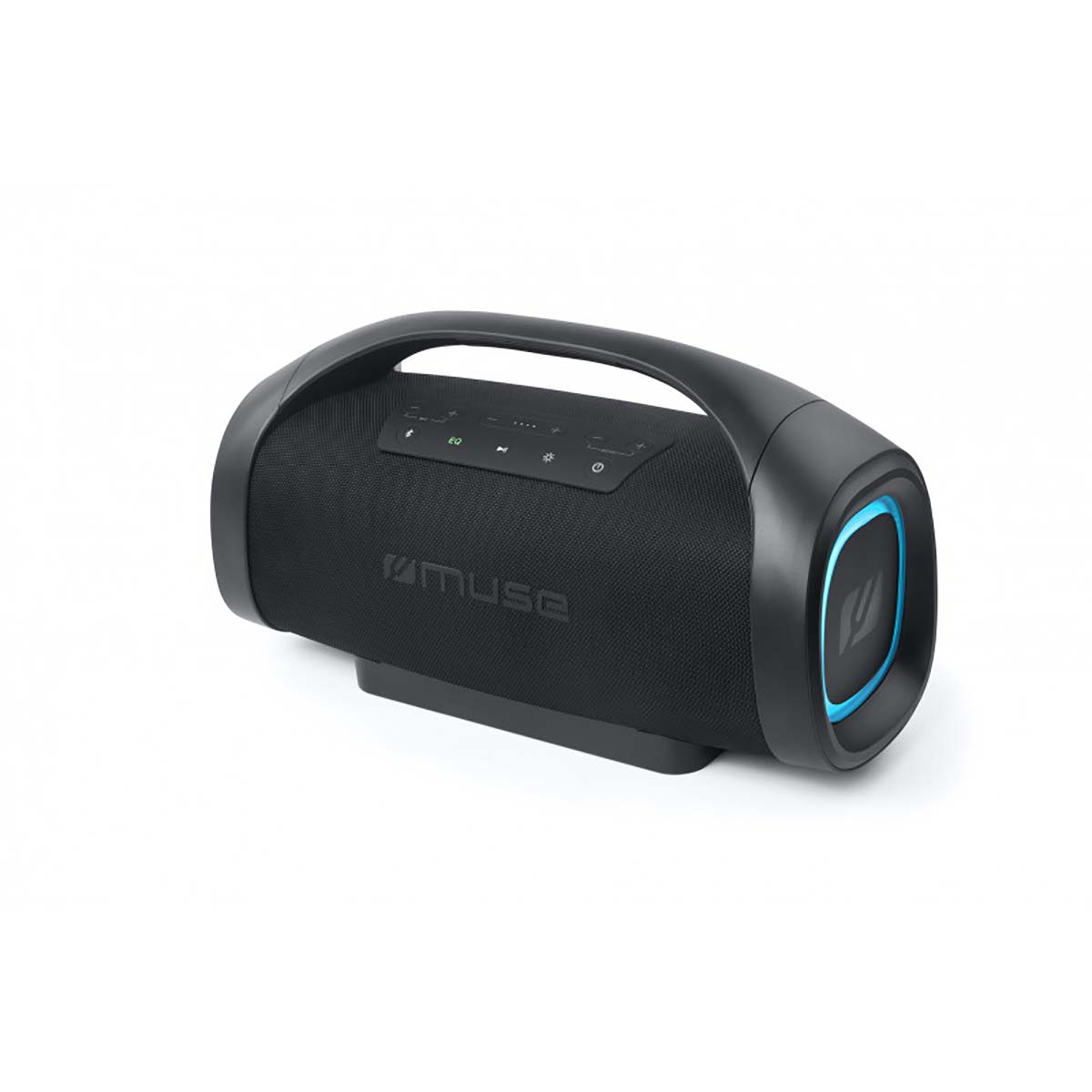 Altoparlante Bluetooth nero con manico e illuminazione blu.