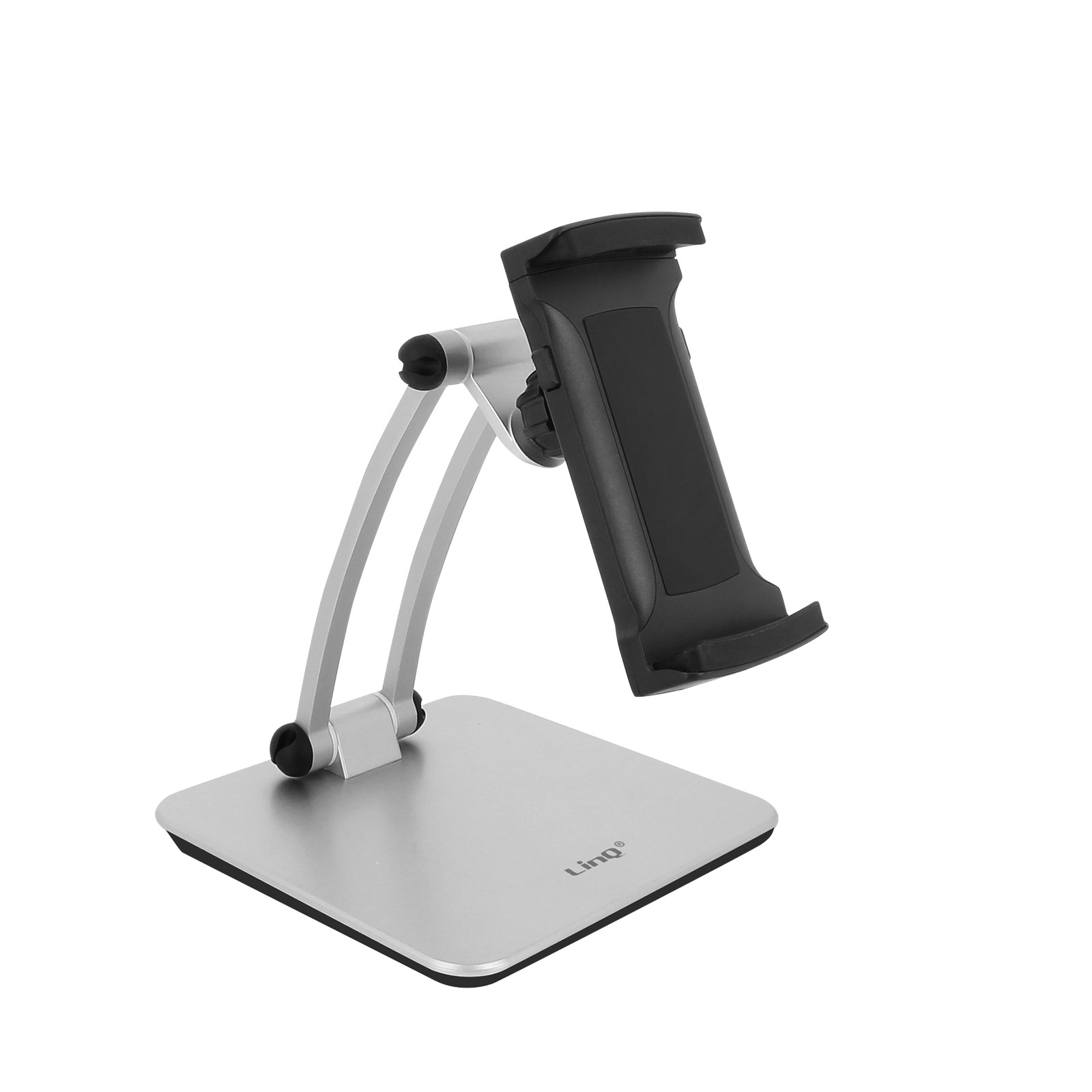 Un supporto per tablet argentato con supporto nero su sfondo bianco.